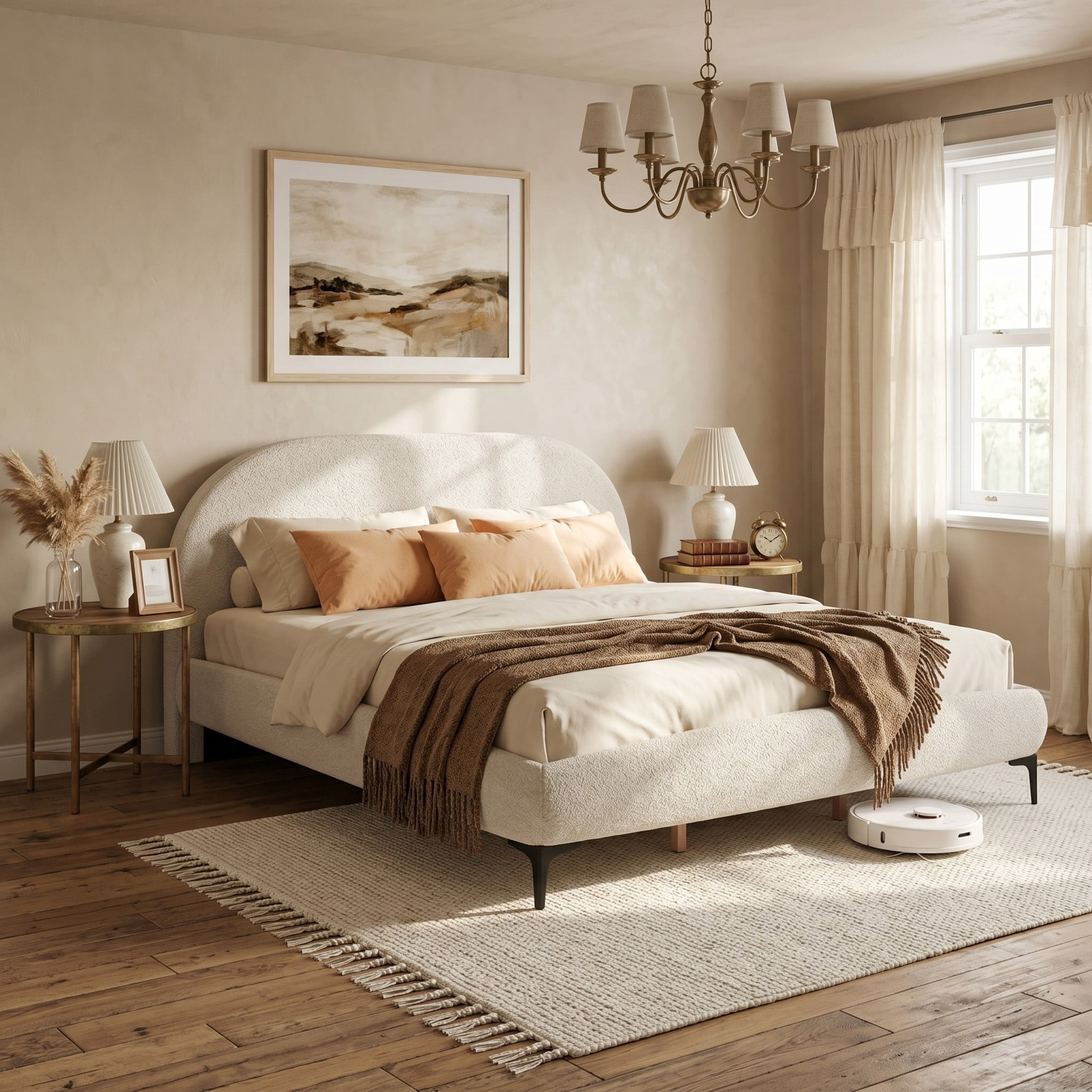 Christopher Knight Home California King Bouclé Upholstered Bed Frame with Curved Headboard, Cream White