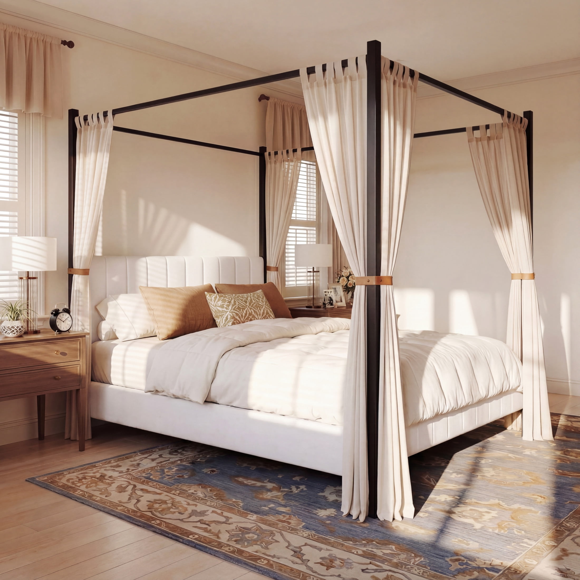 Christopher Knight Home California King Canopy Bed, Metal Frame with Upholstered Headboard & Footboard, White+Black