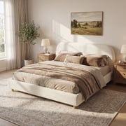 Christopher Knight Home California King Platform Bed, Boucle Upholstered Frame with Curved Headboard, White