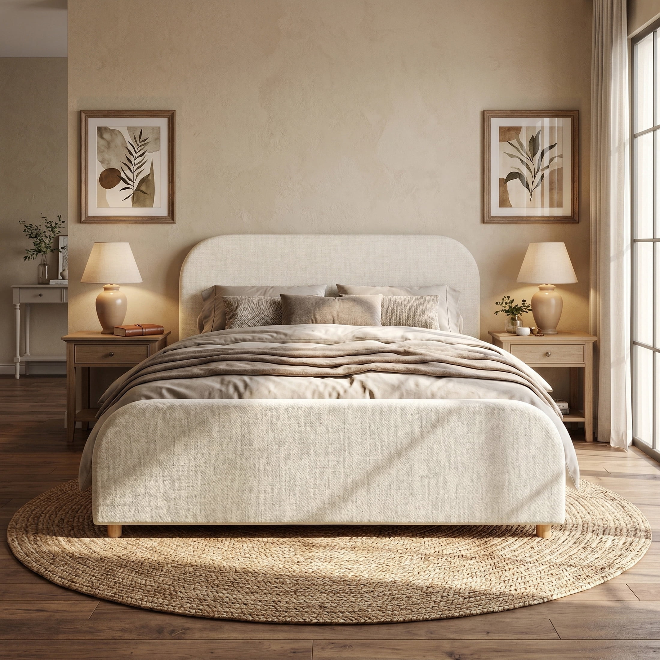 Christopher Knight Home California King Size Bed Frame With Linen Upholstered Curved Headboard, Solid Wood Legs, Beige