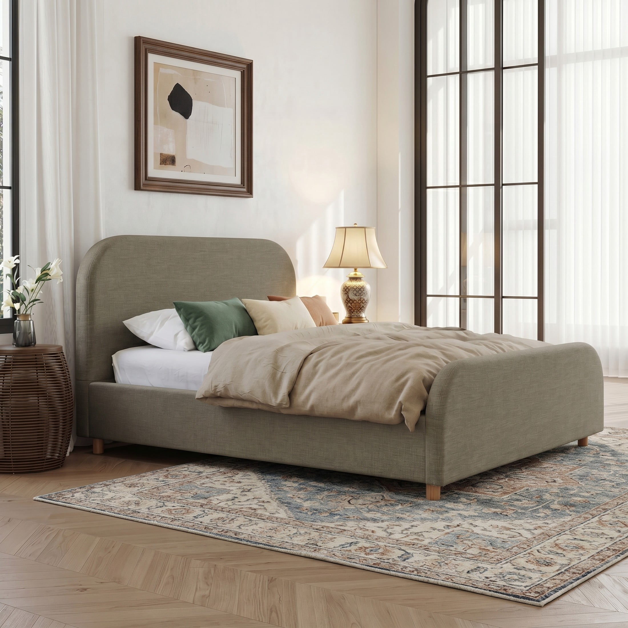 Christopher Knight Home California King Size Bed Frame With Linen Upholstered Curved Headboard, Solid Wood Legs, Green