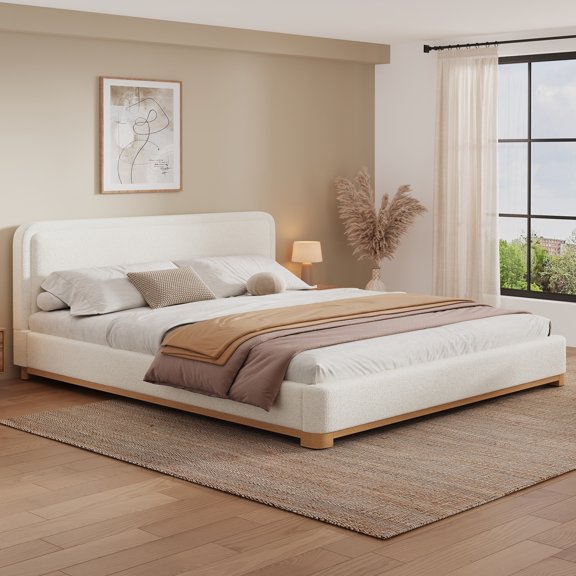 Christopher Knight Home California King Upholstered Bed Frame, Boucle Curved Headboard, White