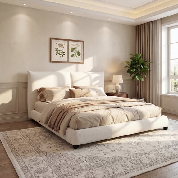 Christopher Knight Home California King Upholstered Bed Frame, Linen Fabric Pillow-Back Headboard, Solid Wood Frame, White