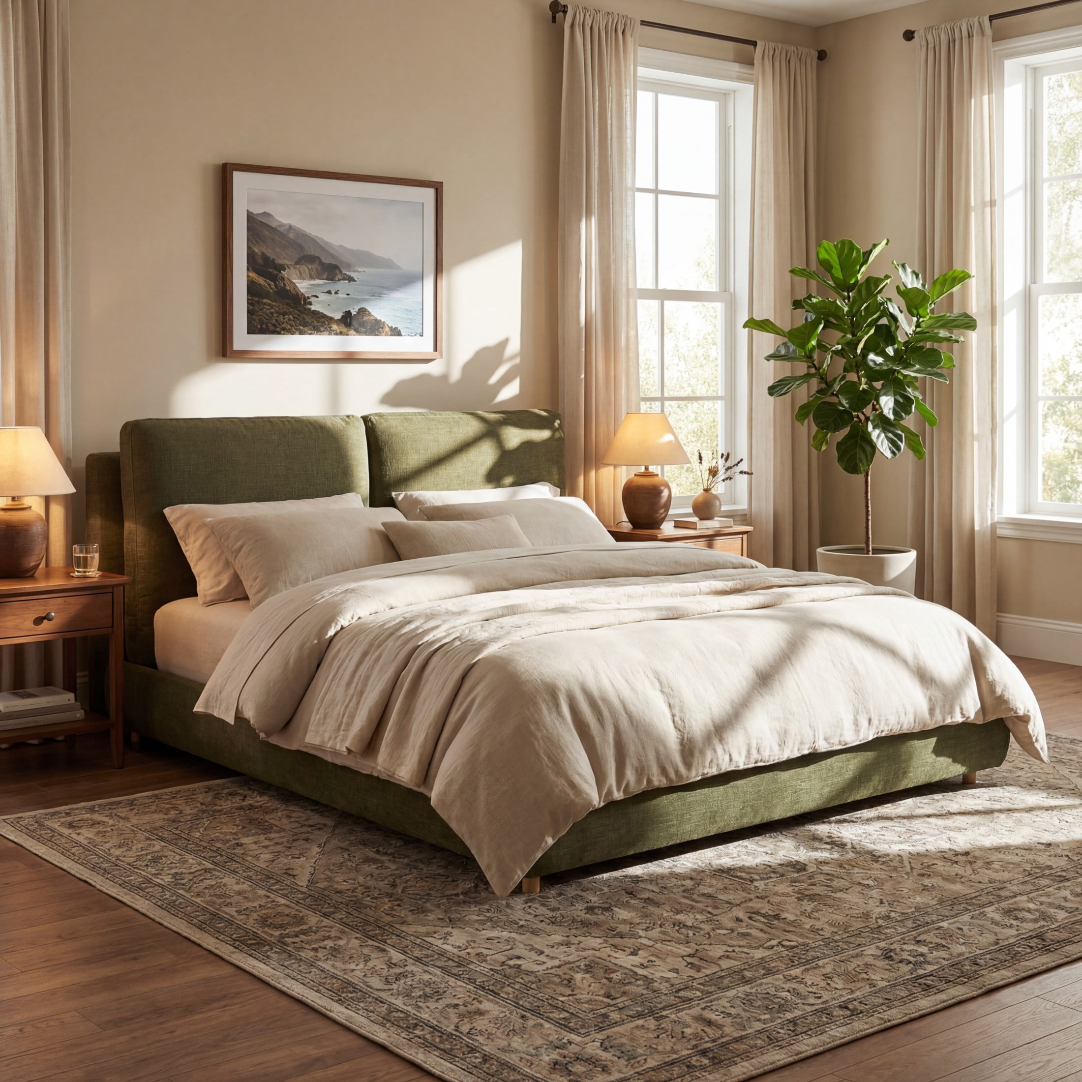 Christopher Knight Home California King Upholstered Bed Frame with Removable Pillow Headboard, Olive Green