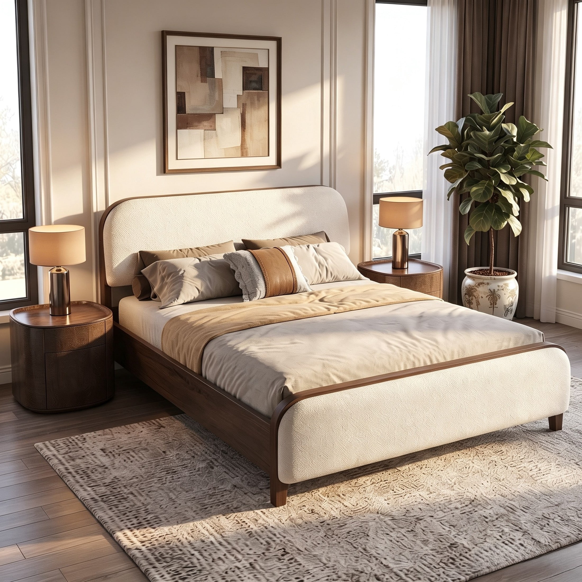Christopher Knight Home California King Upholstered Platform Bed Frame, Rounded Headboard & Footboard, Brown+Off White