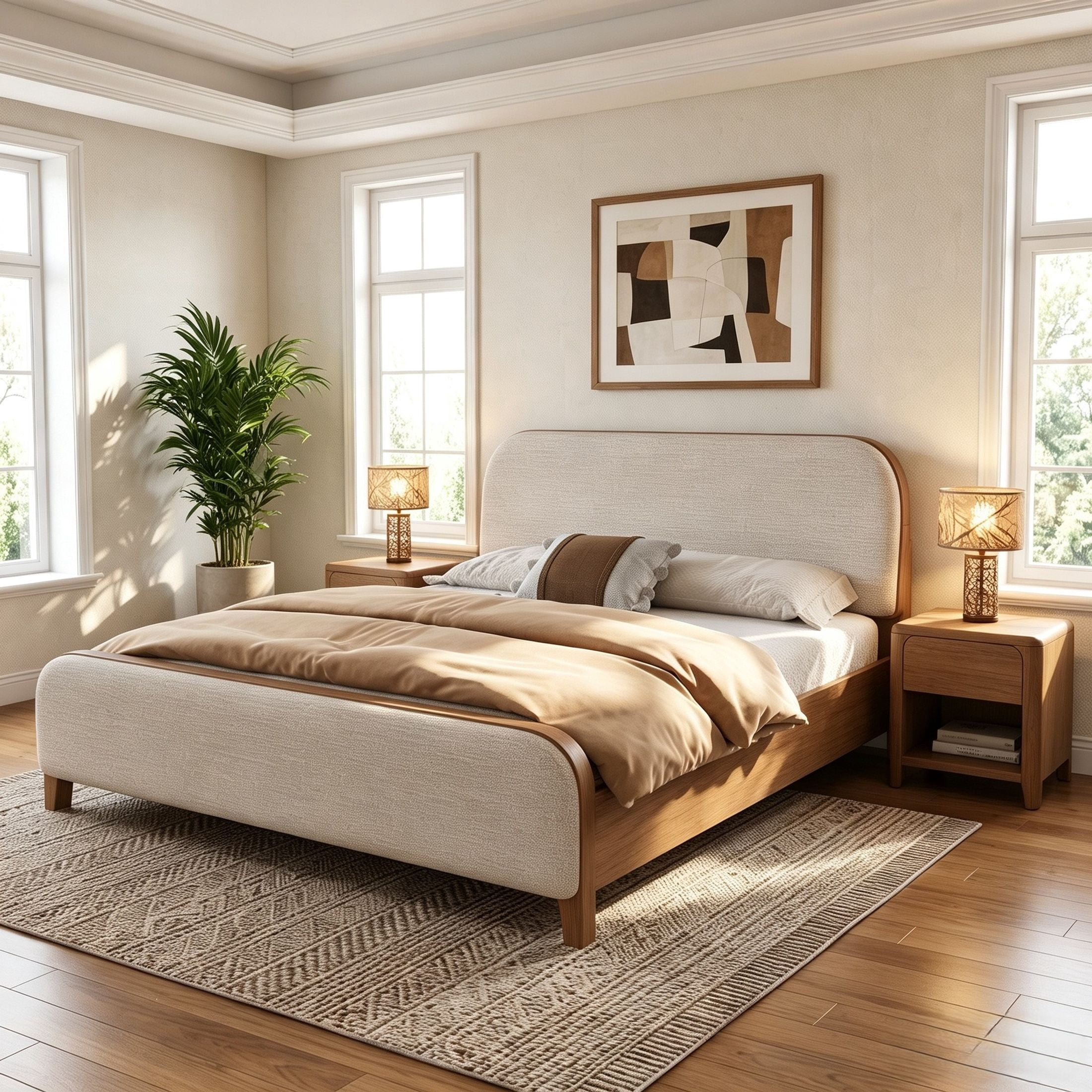 Christopher Knight Home California King Upholstered Platform Bed Frame, Rounded Headboard & Footboard, Natural+Taupe