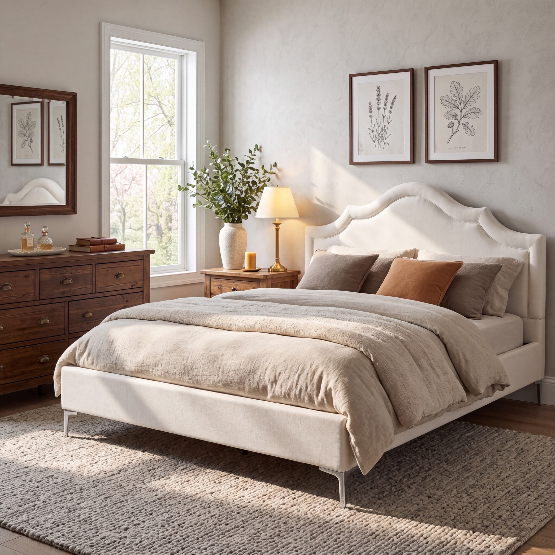 Christopher Knight Home California King Upholstered Platform Bed with Curved Thick Padded Headboard, Iron Legs, Off White