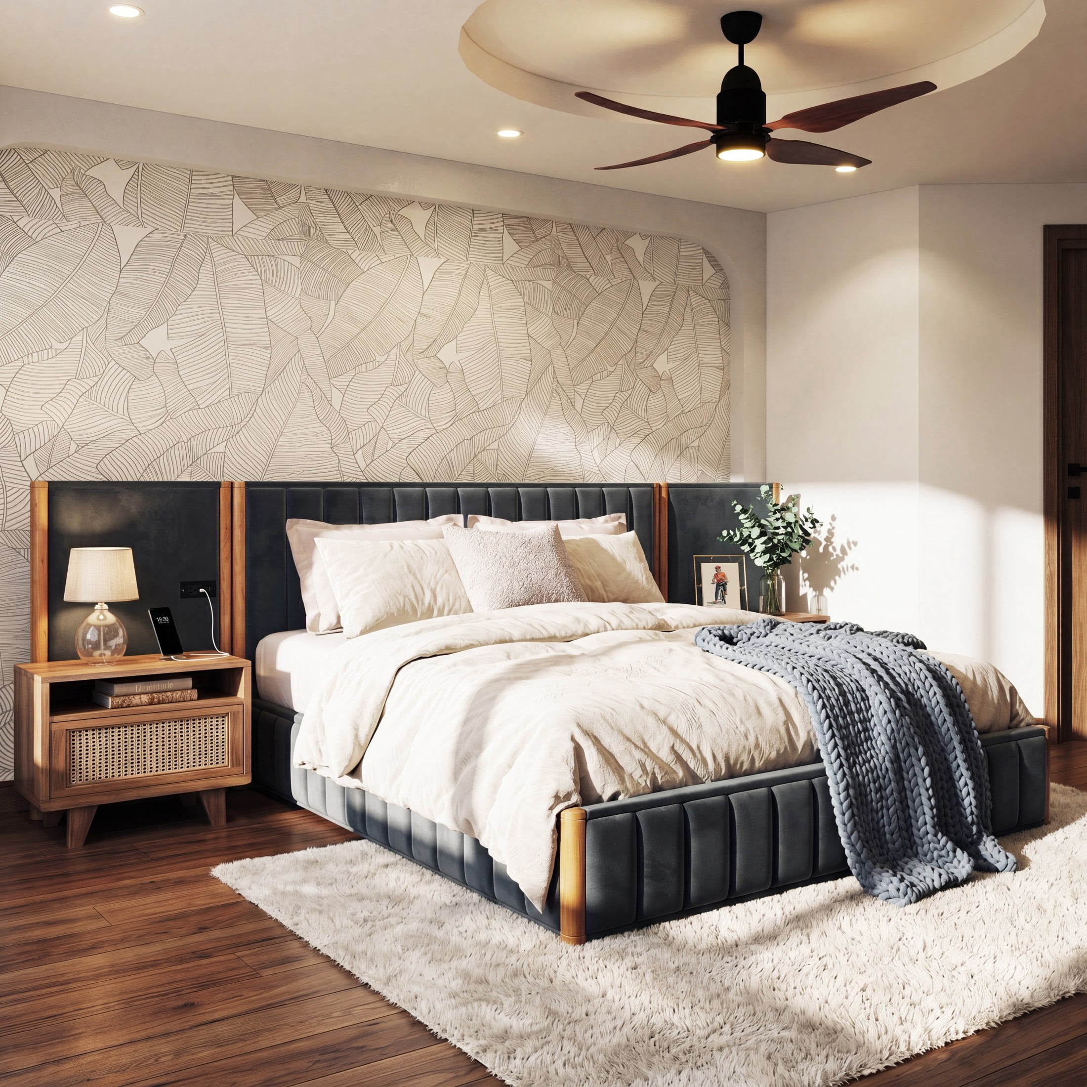 Christopher Knight Home California King Velvet Upholstered Bed Frame, Wingback Headboard with Charging Ports, Natural+Gray