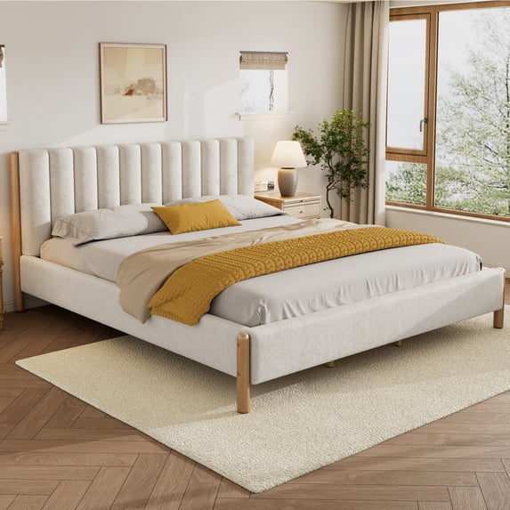 Christopher Knight Home California King Wood Bed Frame with Boucle Upholstered, Thick Headboard, White