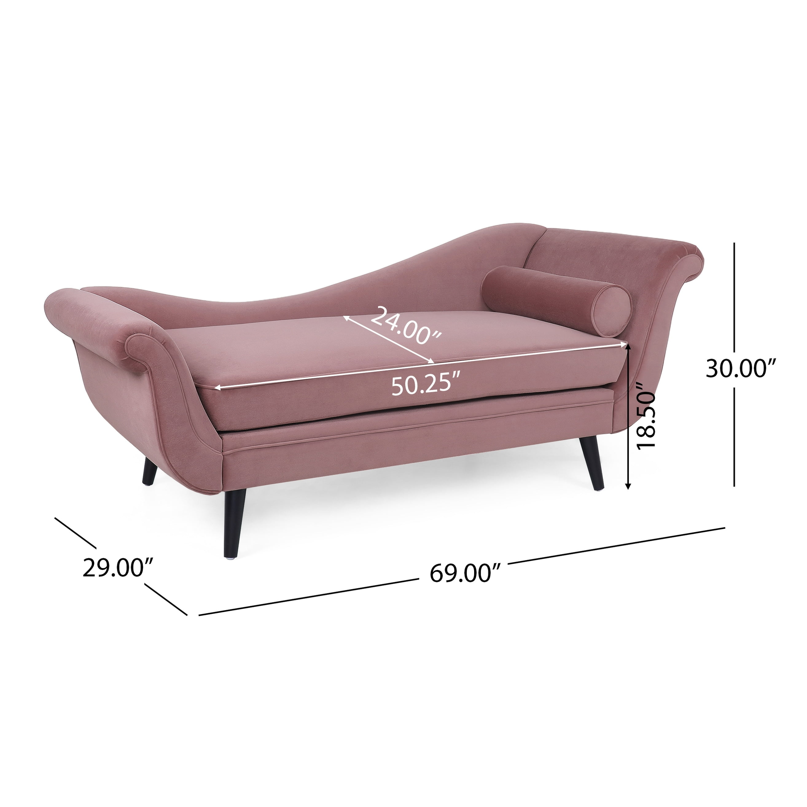 Dusty Pink Velvet Chaise Lounge with Dark Brown Birch Wood Legs