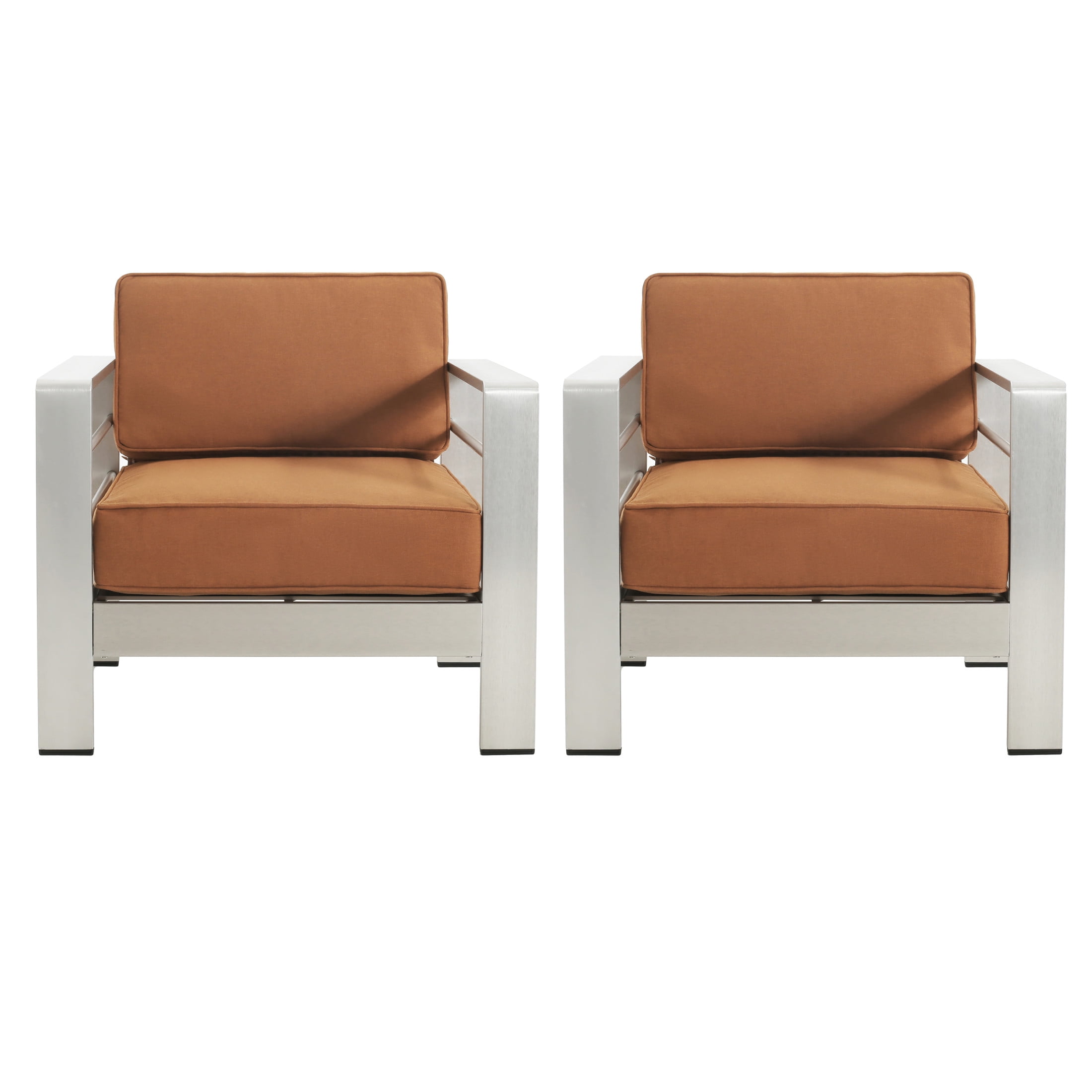 Silver Aluminum Outdoor Club Chair Set with Orange Cushions