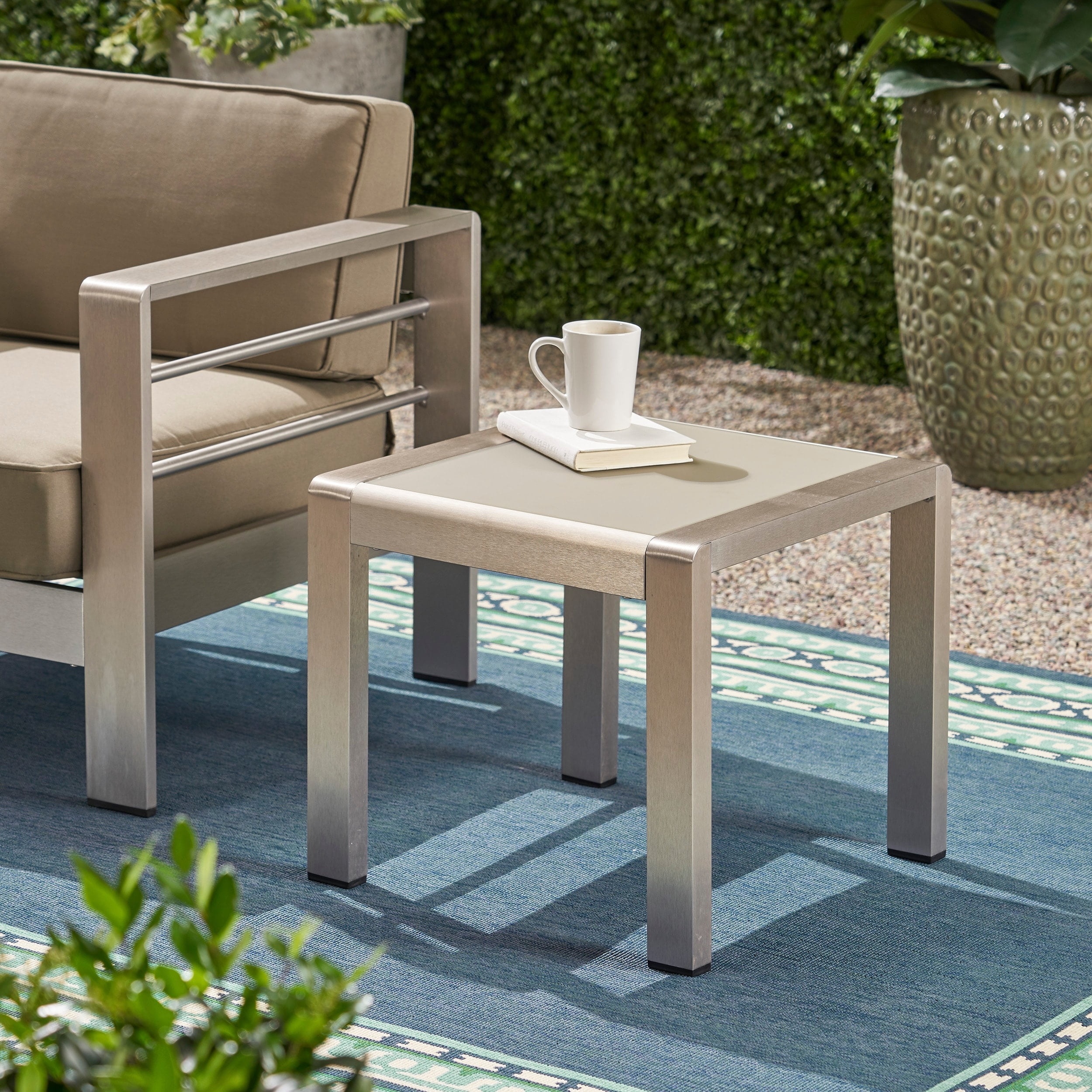 Matte Gray Aluminum and Glass Outdoor Side Table, 20-inch