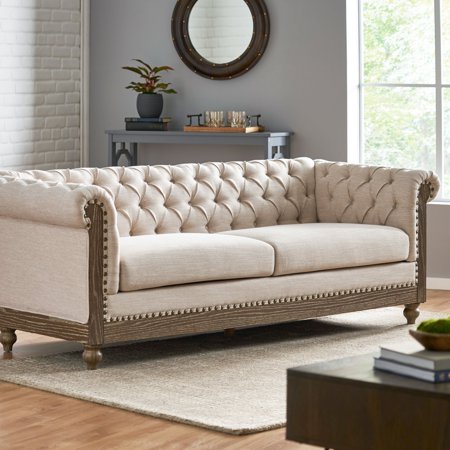 Christopher Knight Home Castalia Nailhead Trim Chesterfield Sofa by - 78.75" L x 33.50" W x 28.00" H Fabric + Beige, Dark Brown Birch, Fabric Fabric