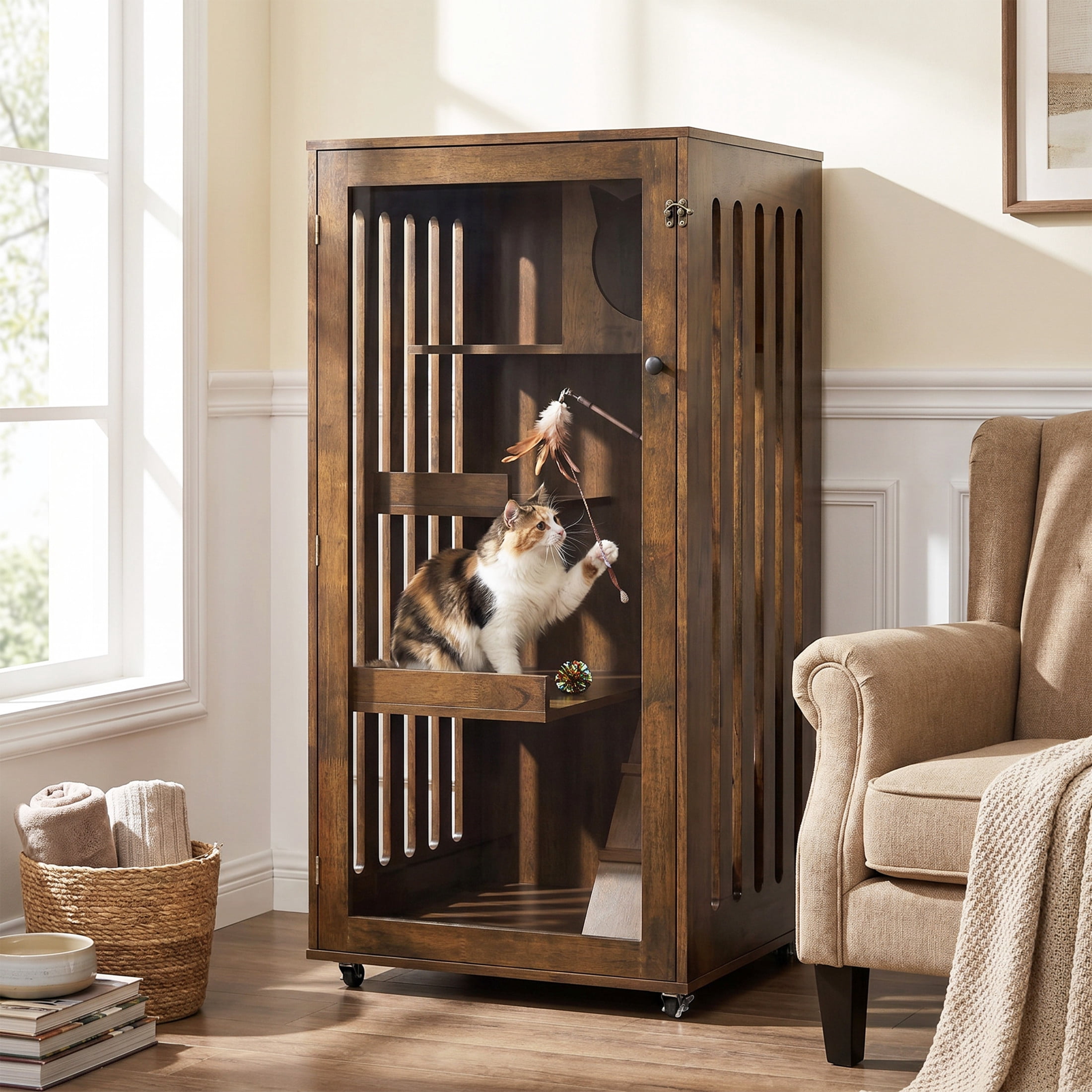 Christopher Knight Home Cat House Cabinet with Wheels & Door, Ventilated Indoor Pet Condo, Brown Oak