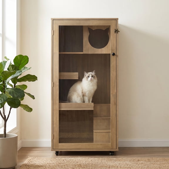 Christopher Knight Home Cat House Cabinet with Wheels & Door, Ventilated Indoor Pet Condo, Natural Beech
