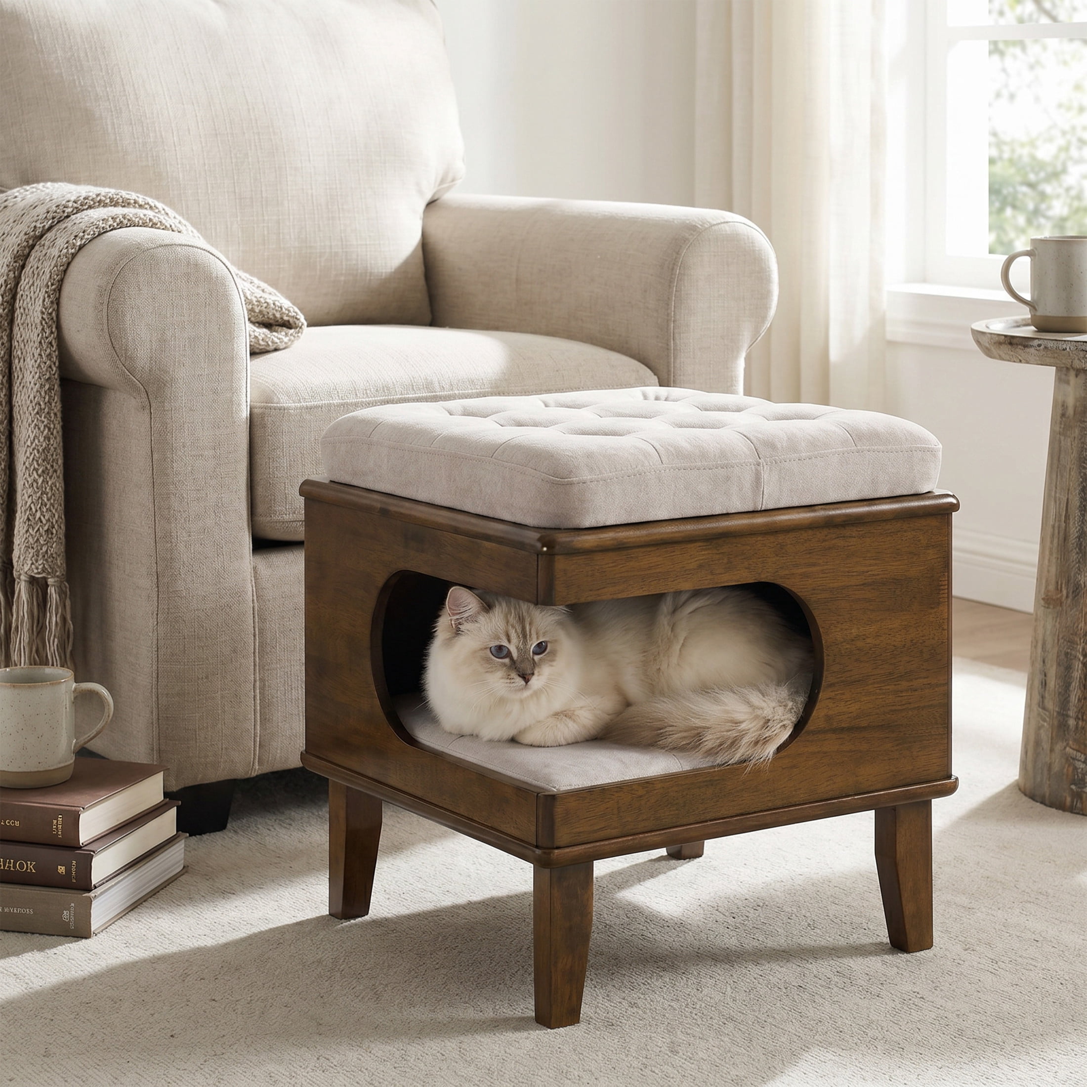 Christopher Knight Home Cat House Ottoman, Wooden Footstool with Pet Hideaway, Tufted Seat, Walnut