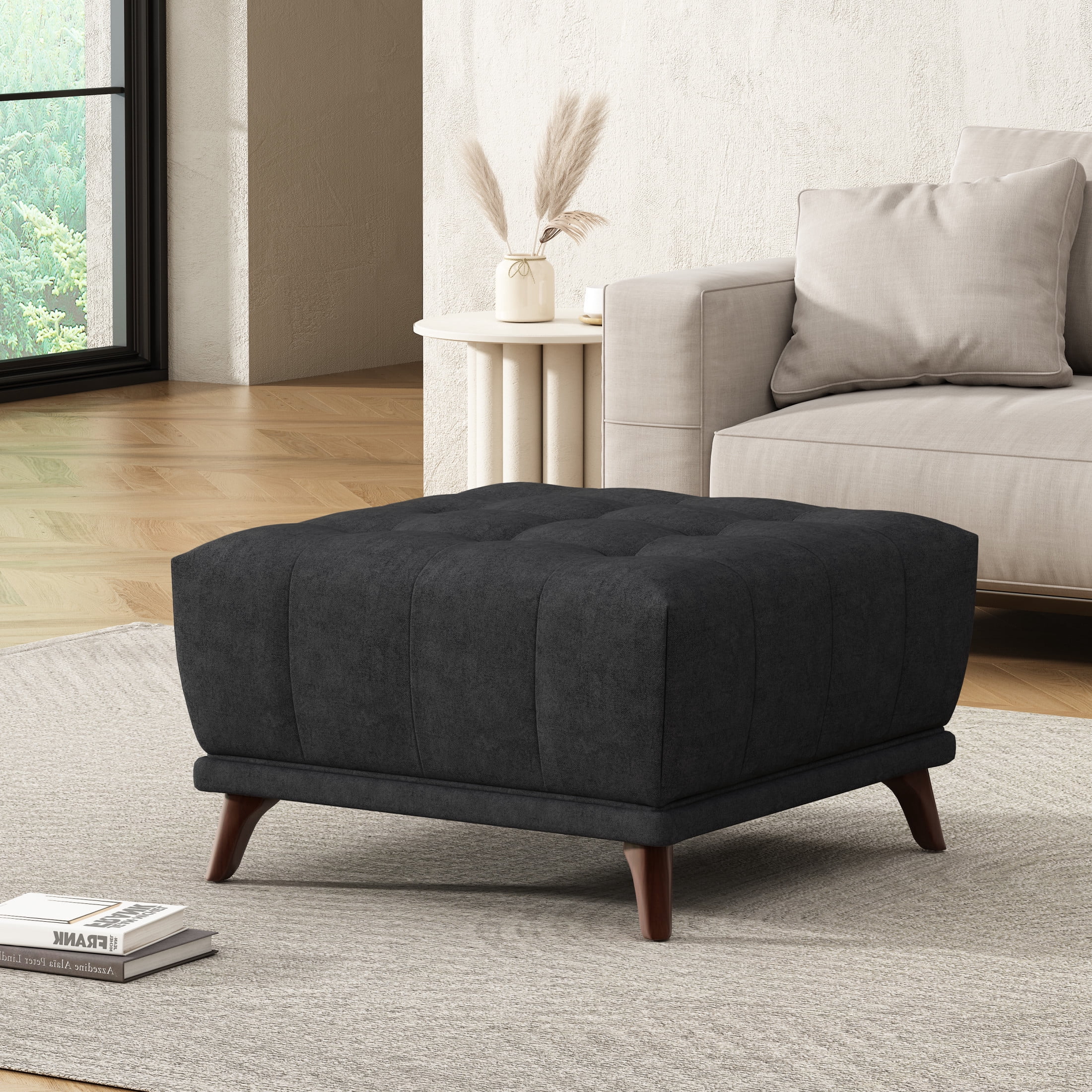 Christopher Knight Home Chenille Ottoman, Solid Wood Legs, Button-Tufted Footstool Coffee Table, Charcoal Gray
