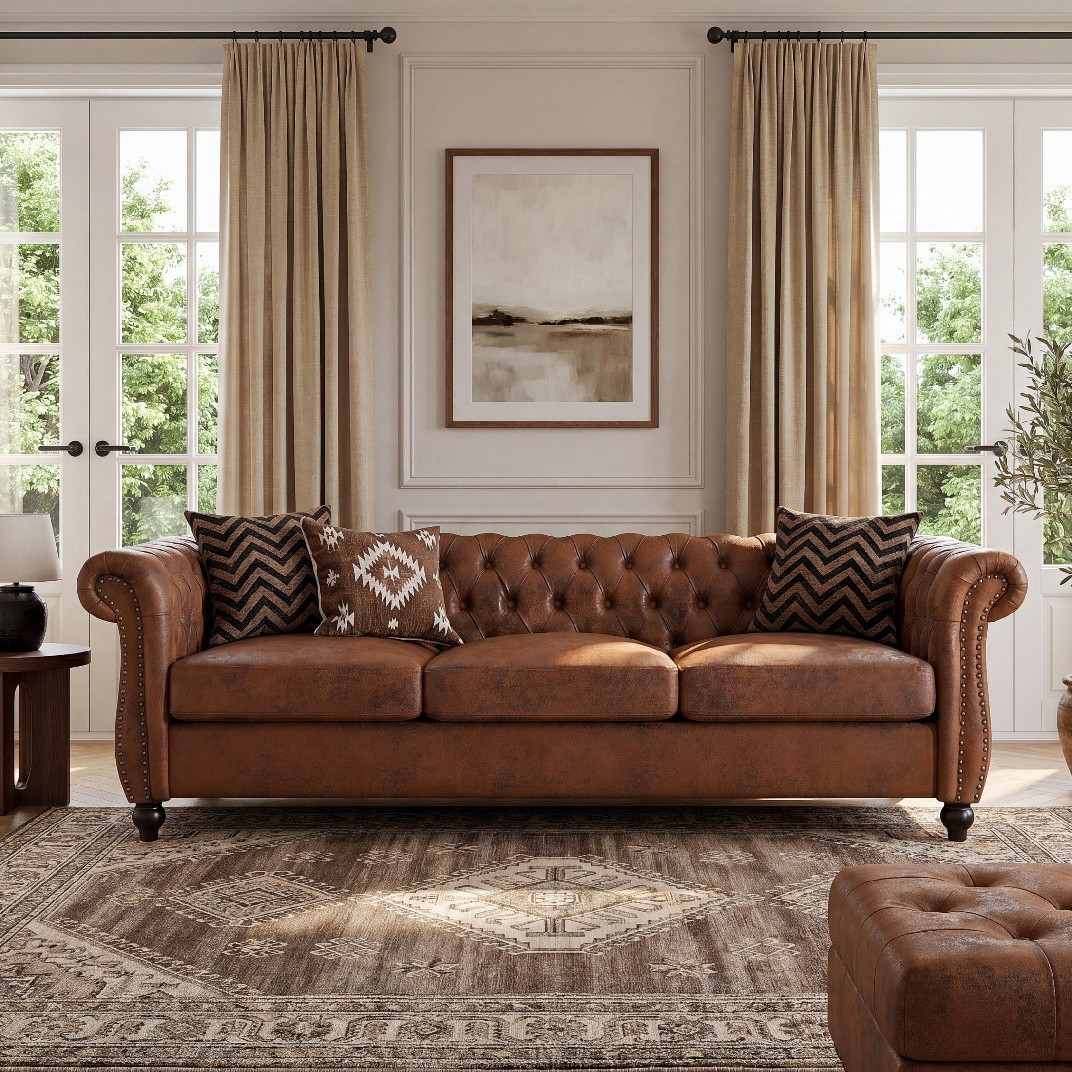 Christopher Knight Home Chesterfield 3-Seater Sofa, Tufted Faux Suede Couch with Rolled Arms, Brown