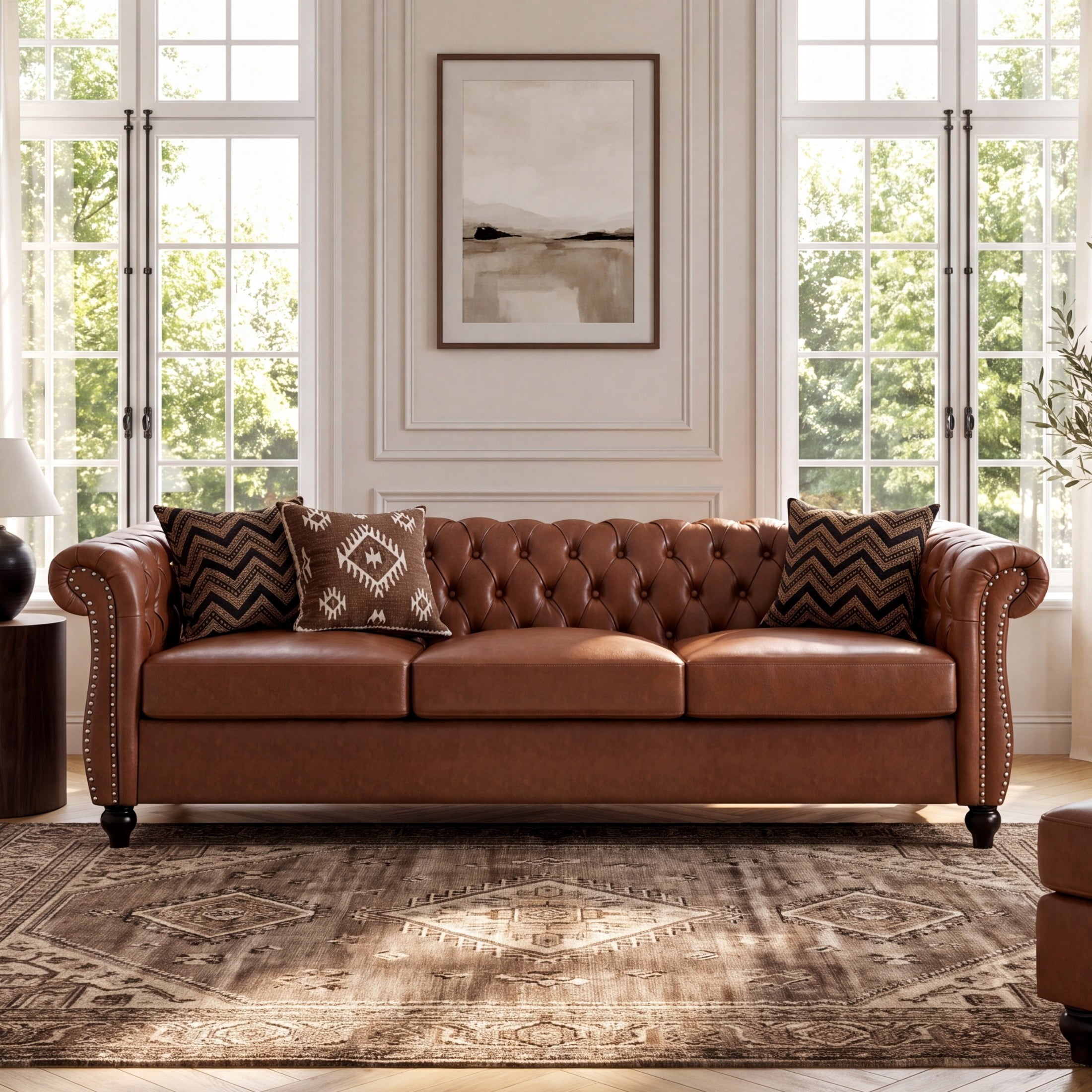 Christopher Knight Home Chesterfield 3-Seater Sofa, Tufted PU Leather Couch with Rolled Arms, Brown