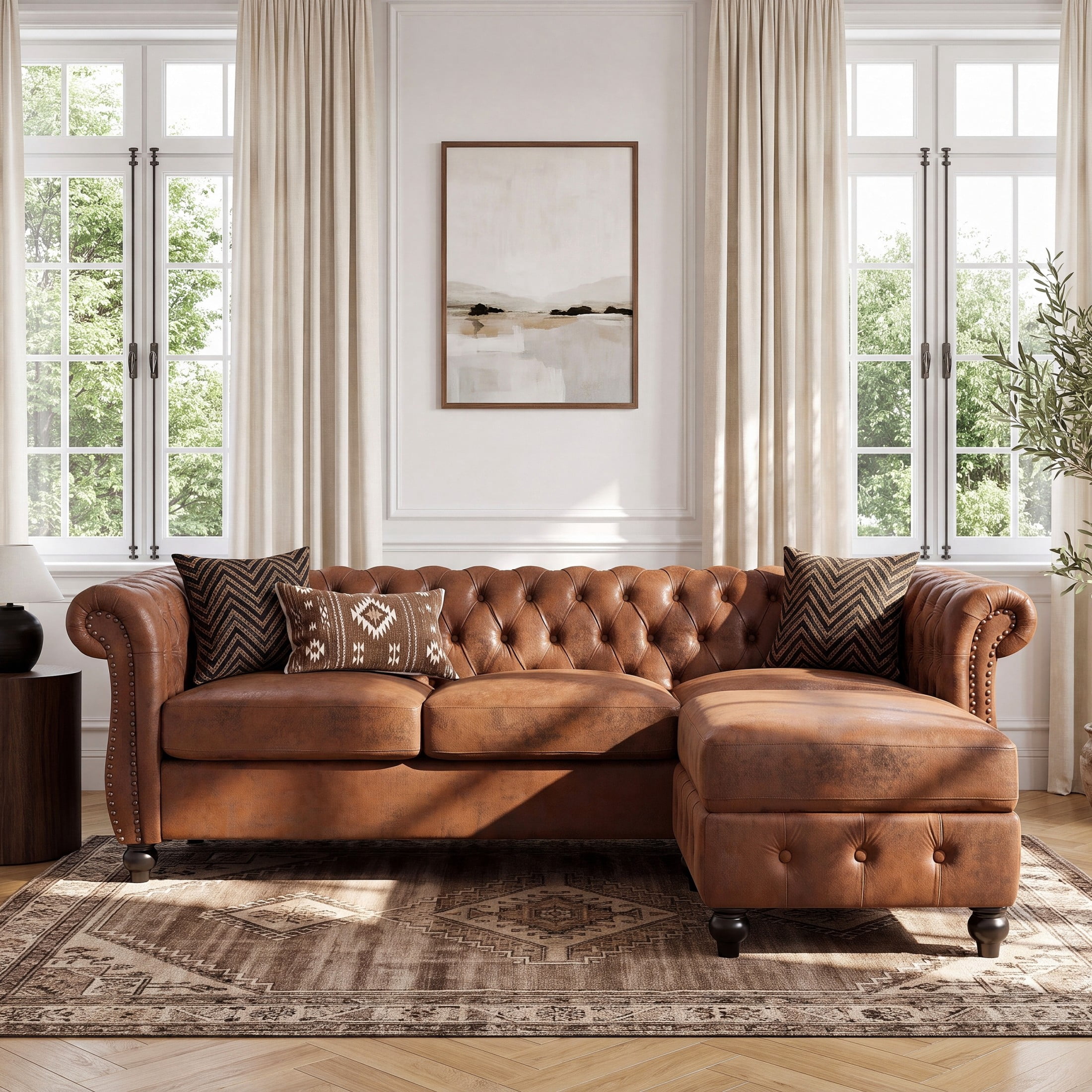 Christopher Knight Home Chesterfield L-Shaped Sofa with Storage Ottoman, Tufted Faux Suede, Brown