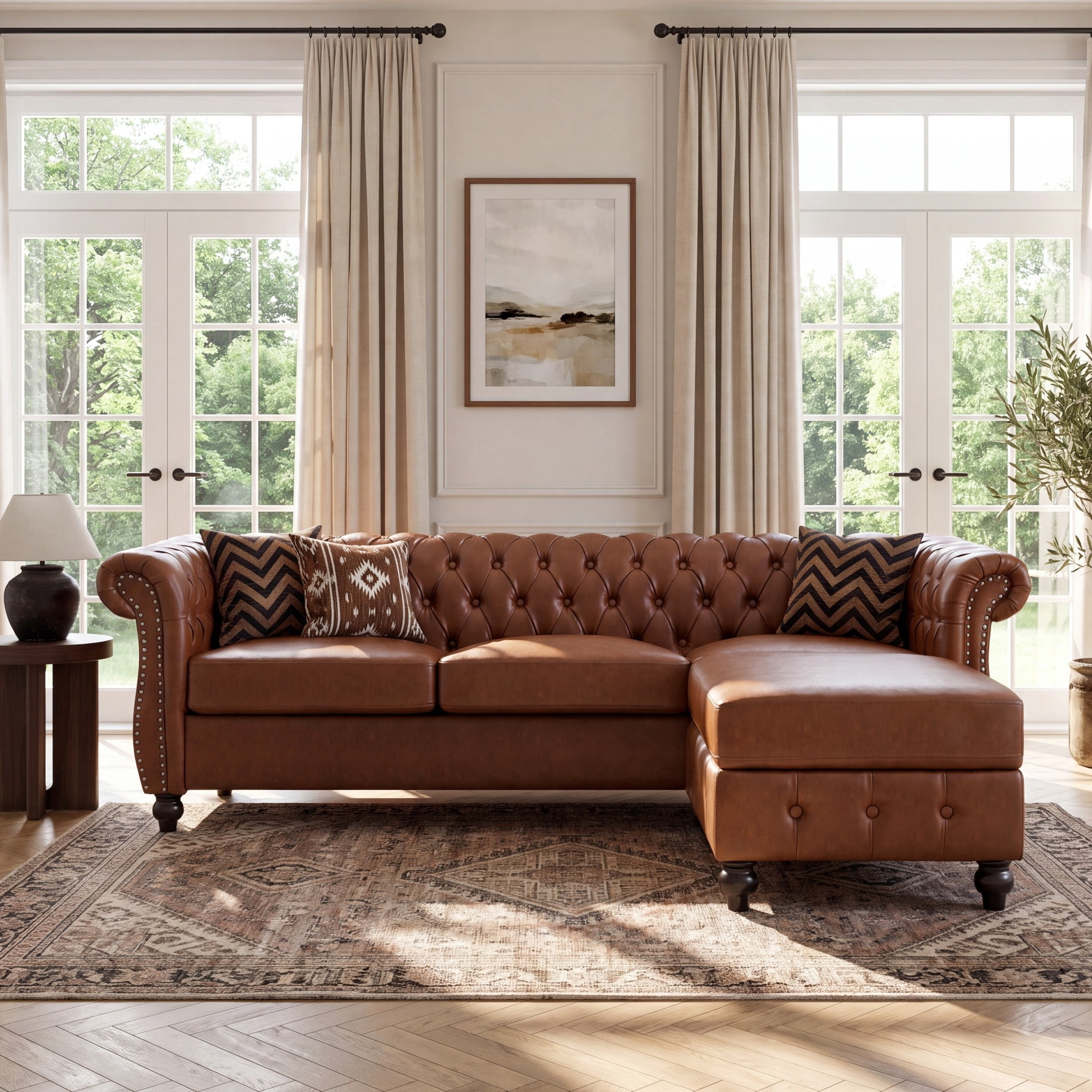 Christopher Knight Home Chesterfield L-Shaped Sofa with Storage Ottoman, Tufted PU Leather, Brown