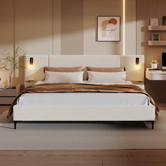 Christopher Knight Home Chic Boucle King Upholstered Bed with Lights & Shelves, White