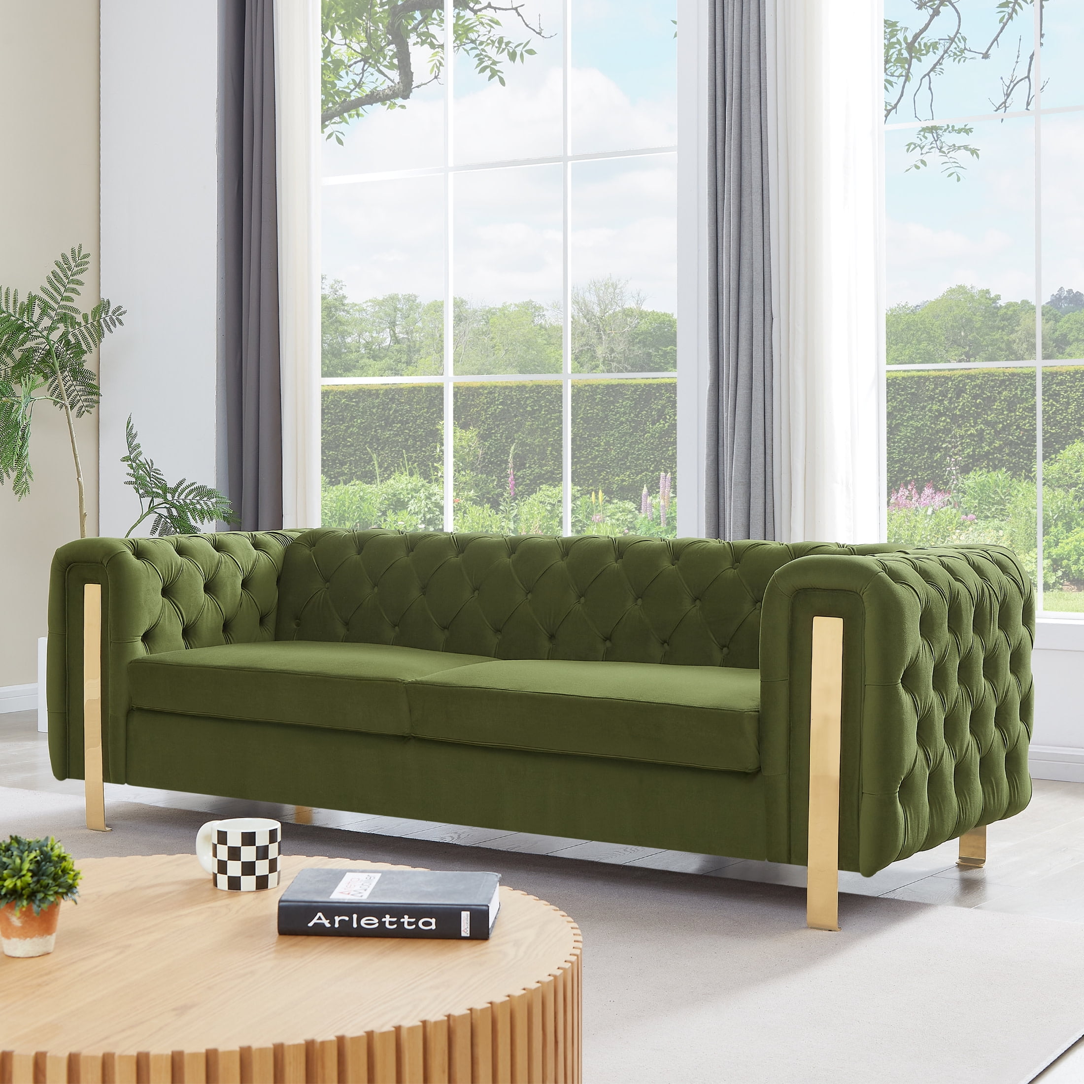 Christopher Knight Home Chic Velvet 3-Seat Sofa, Button Tufted Couch, Metal Legs, Green