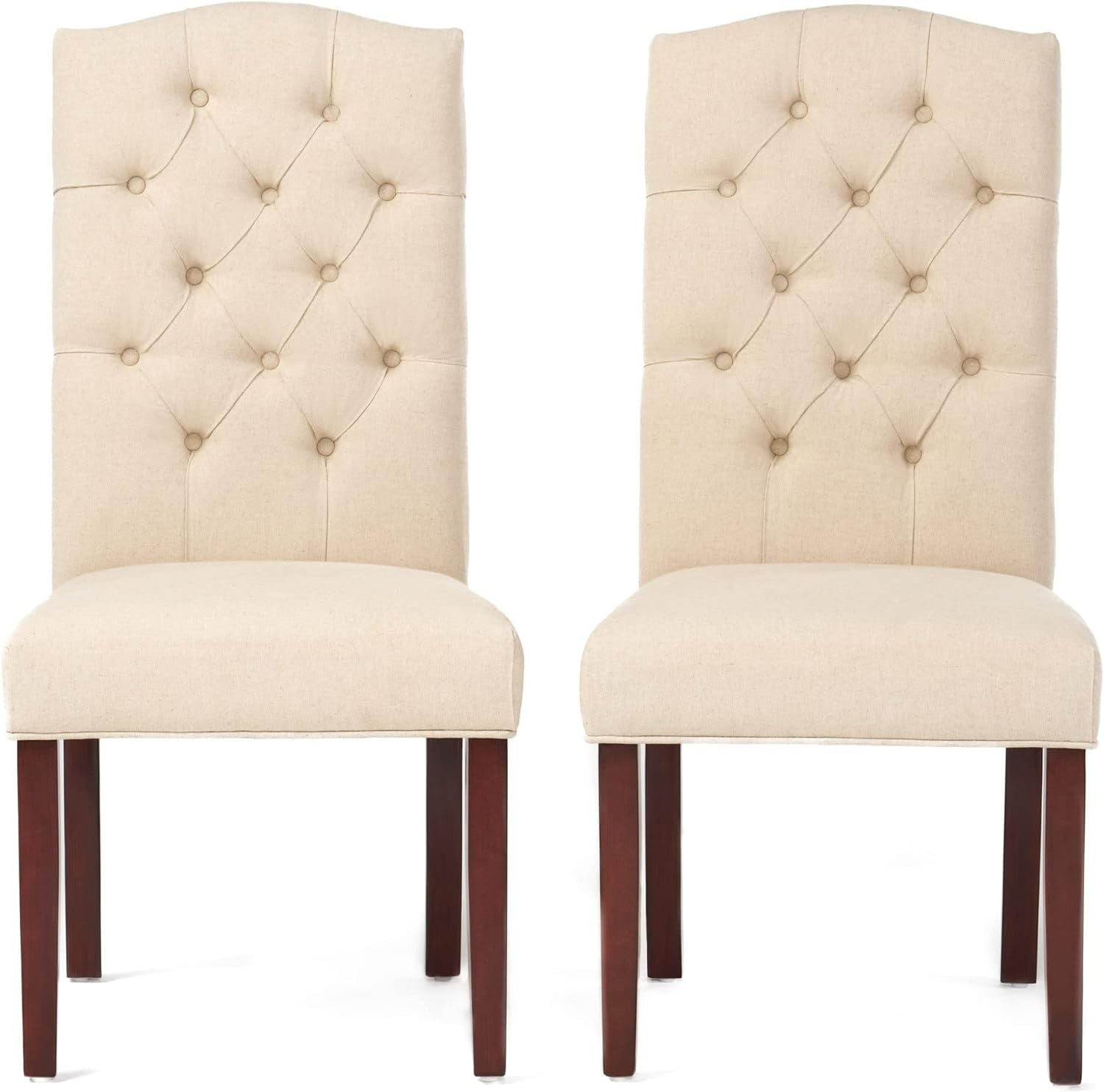 Ivory Linen Upholstered Dining Chairs with Solid Wood Legs, Set of 2