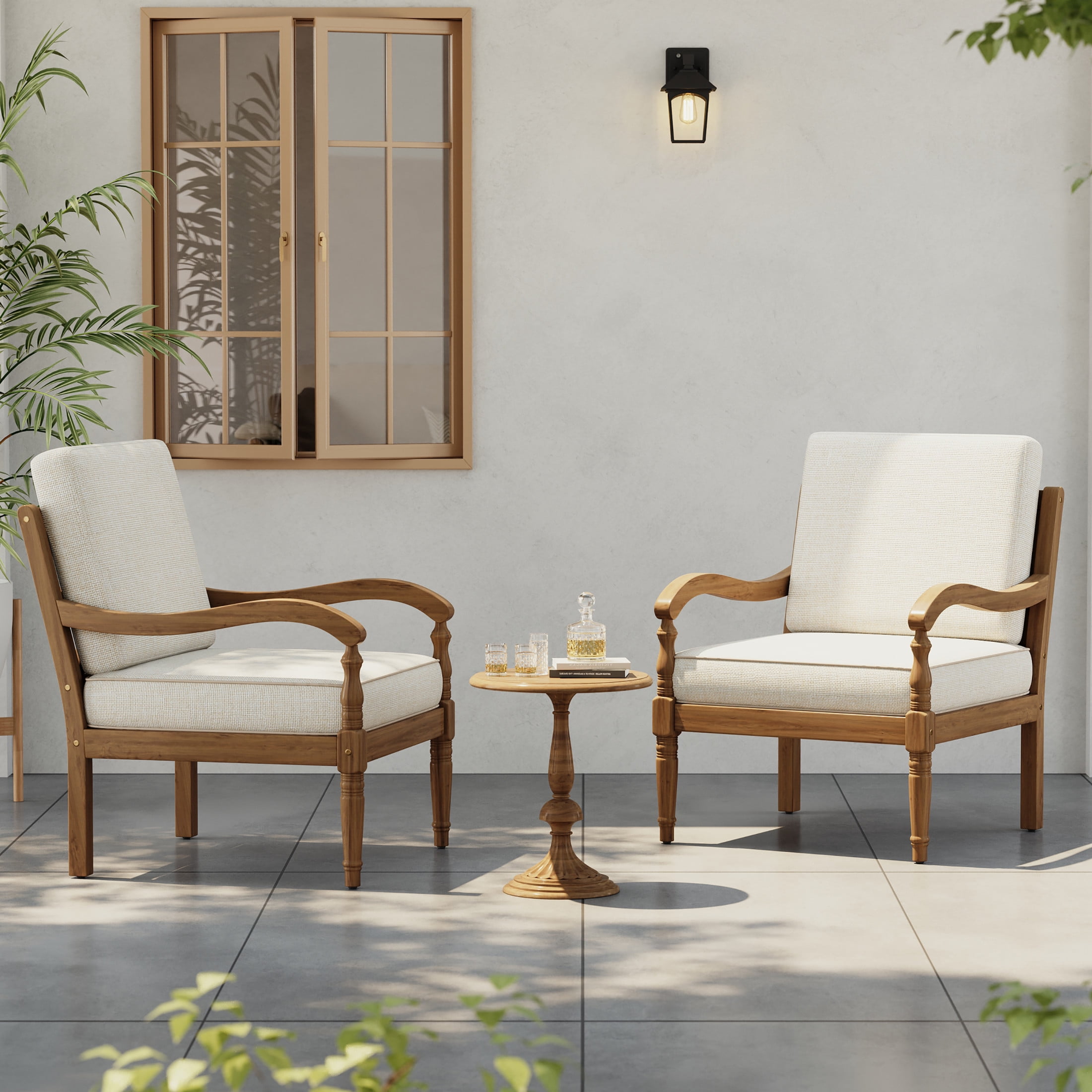 Christopher Knight Home Classic Carved Outdoor Lounge Chairs with Cushions, Solid Wood Frame, Beige, Set of 2