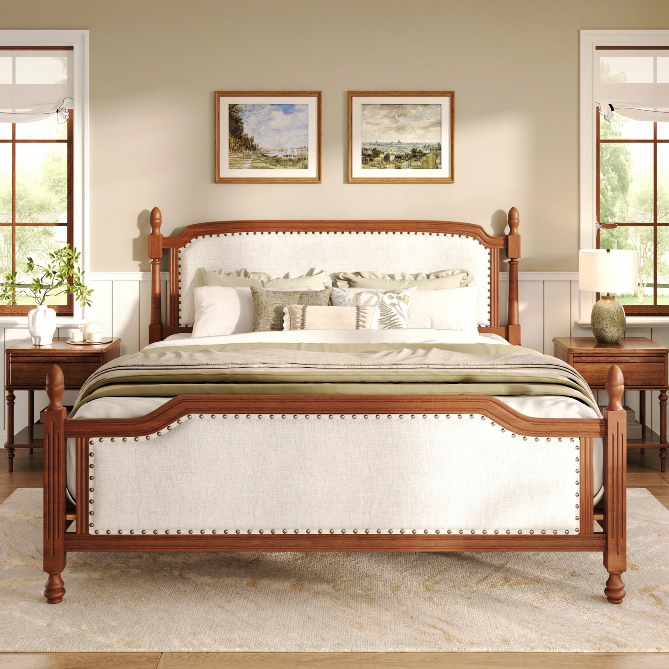 Christopher Knight Home Classic Upholstered Platform Bed Frame with 4 Posters, Nailhead Trim, King, Walnut