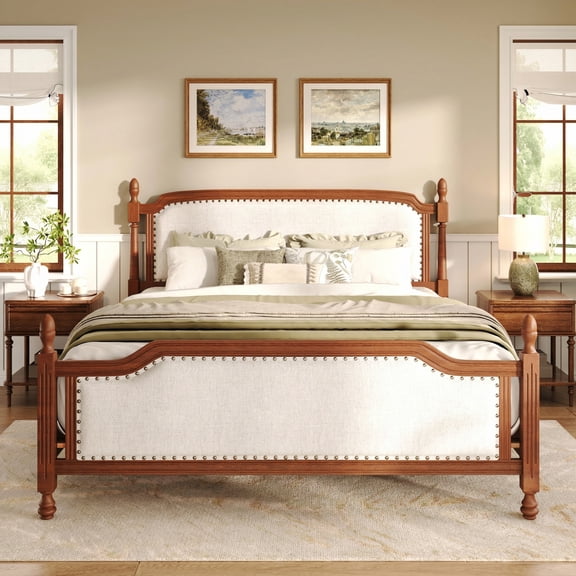Christopher Knight Home Classic Upholstered Platform Bed Frame with 4 Posters, Nailhead Trim, King, Walnut