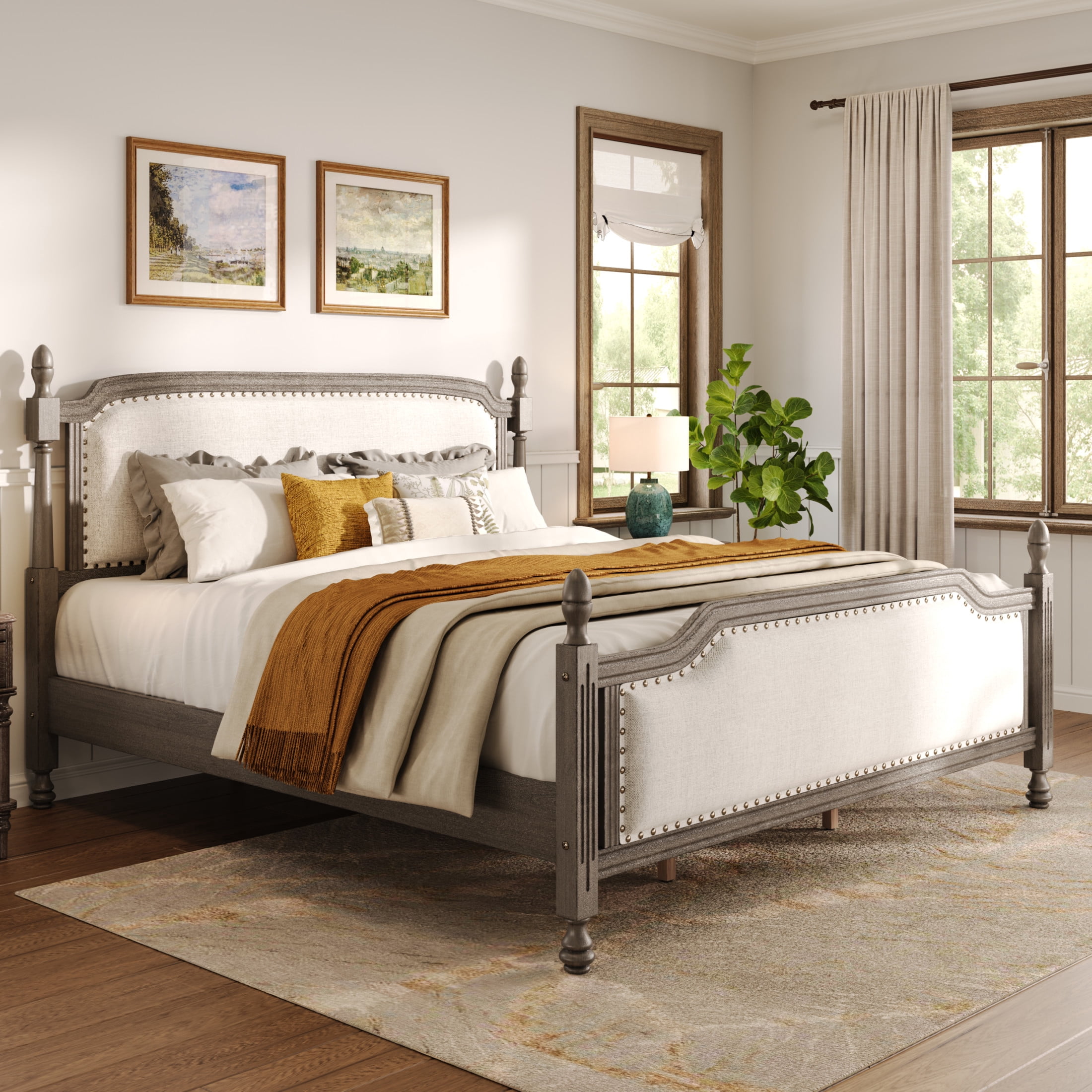 Christopher Knight Home Classic Upholstered Platform Bed Frame with 4 Posters, Nailhead Trim, Queen, Driftwood Gray