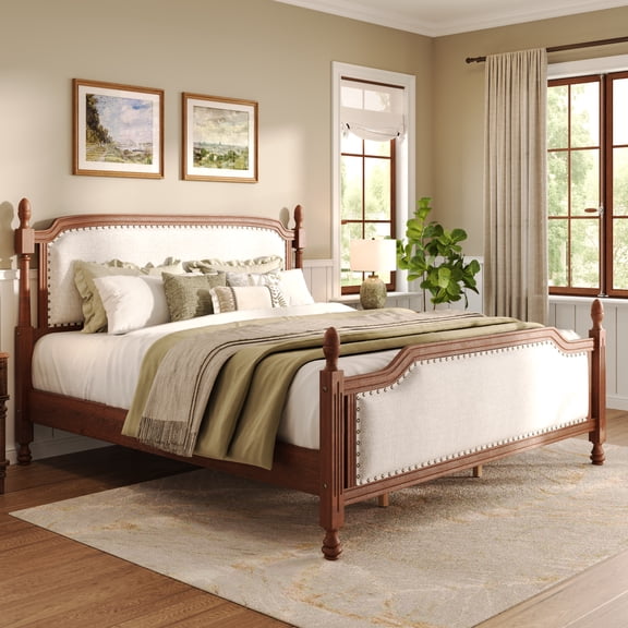 Christopher Knight Home Classic Upholstered Platform Bed Frame with 4 Posters, Nailhead Trim, Queen, Walnut