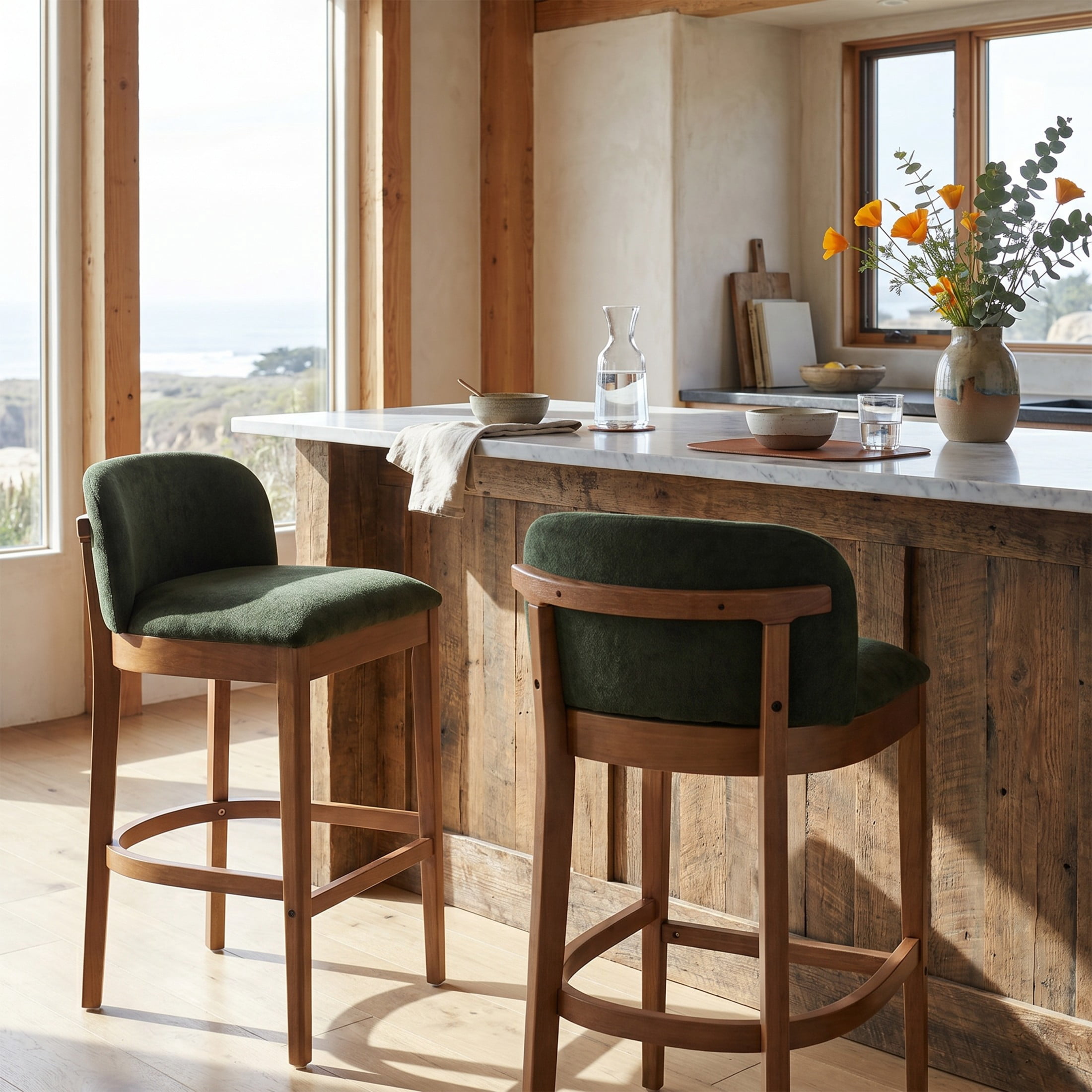 Christopher Knight Home Classic Upholstered Wooden Bar Stools with Low Curved Back, Green, Set of 2