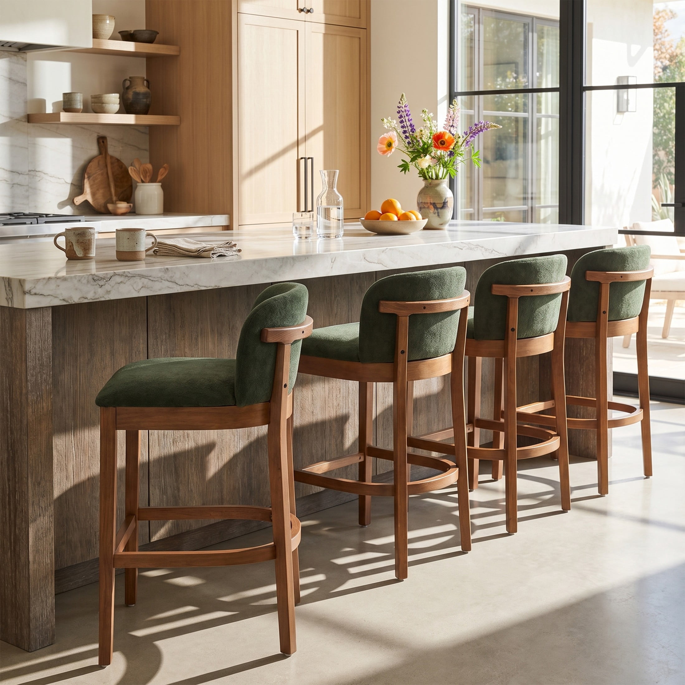 Christopher Knight Home Classic Upholstered Wooden Bar Stools with Low Curved Back, Green, Set of 4