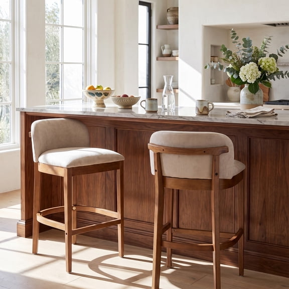 Christopher Knight Home Classic Upholstered Wooden Bar Stools with Low Curved Back, Taupe, Set of 2