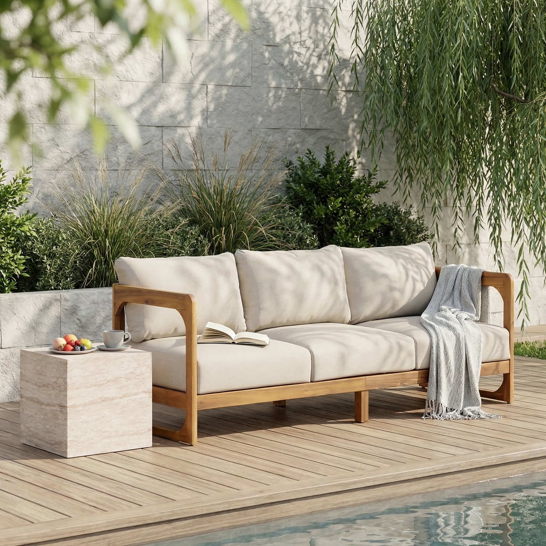 Christopher Knight Home Coastal Acacia Wood Outdoor 3-Seater Sofa with Sand Cushions, Teak Finish