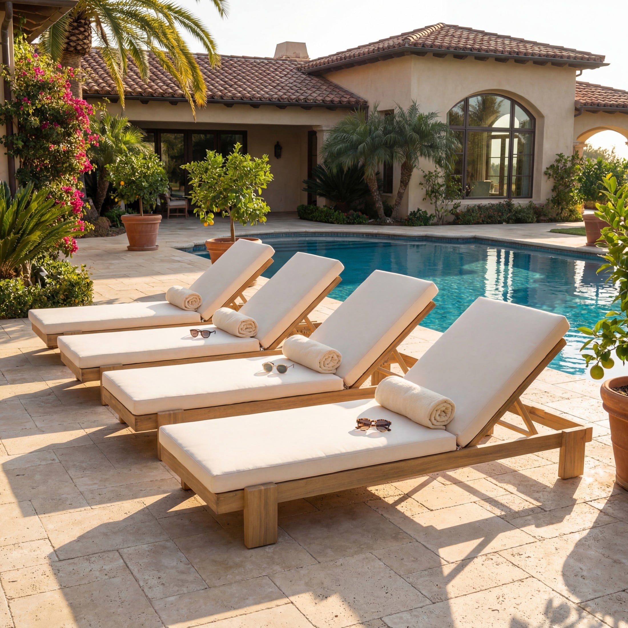 Christopher Knight Home Coastal Outdoor Chaise Lounges with Cushions, Solid Wood Frame, Beige, Set of 4