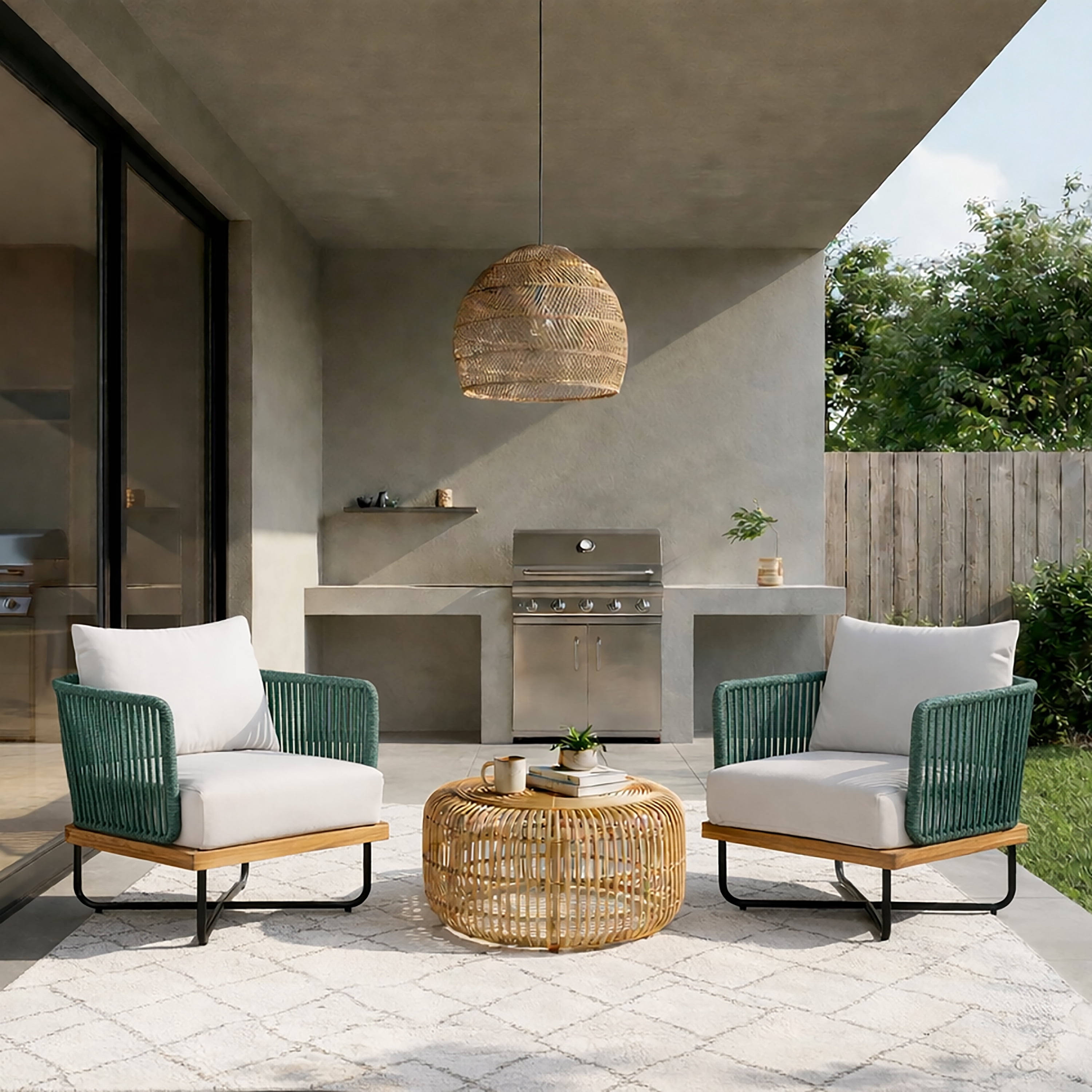 Christopher Knight Home Coastal Outdoor Club Chair with Green Rope Woven Design Set of 2, Beige Cushion