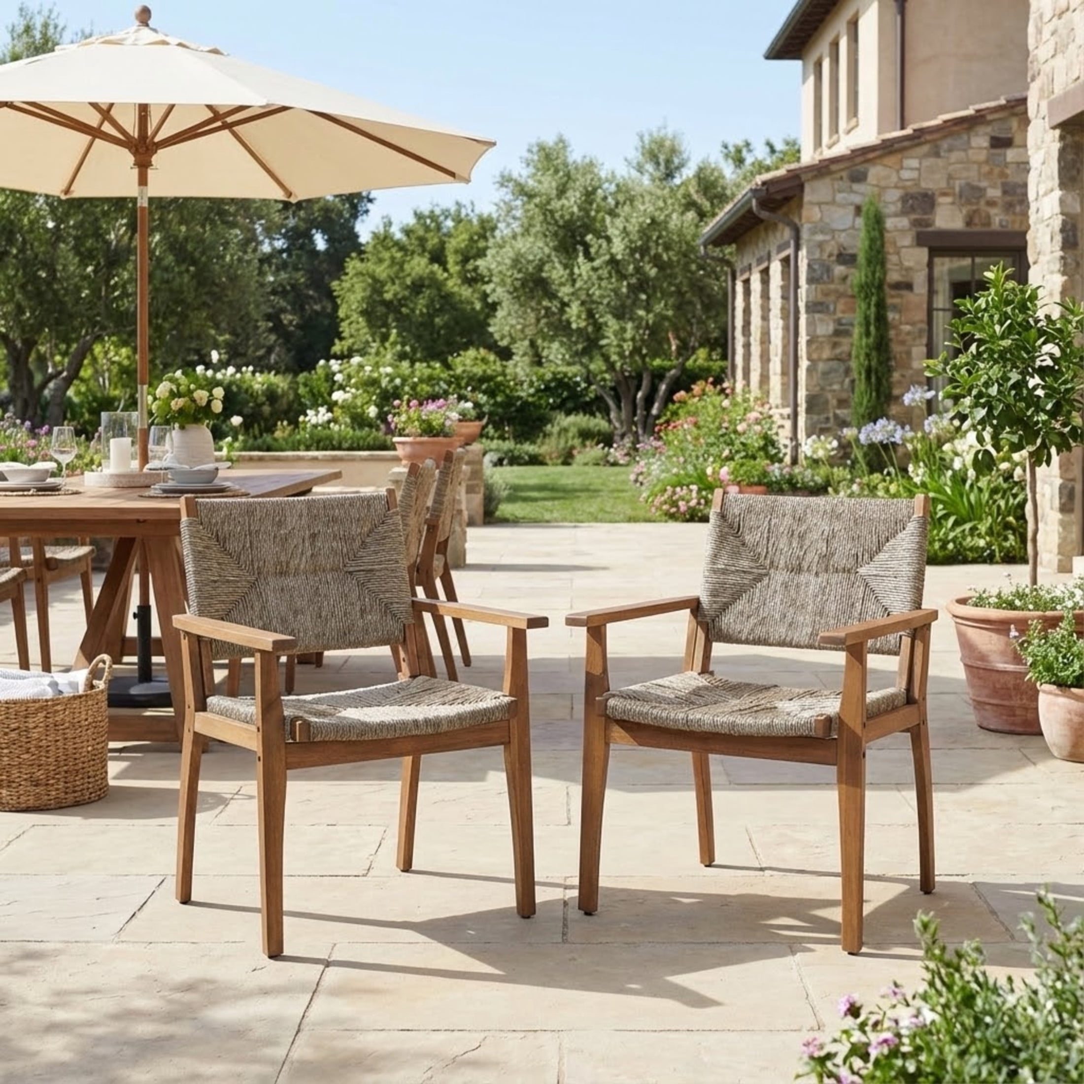 Christopher Knight Home Coastal Outdoor Dining Chairs, Wood Frame with Wicker Seat Set of 2, Brown