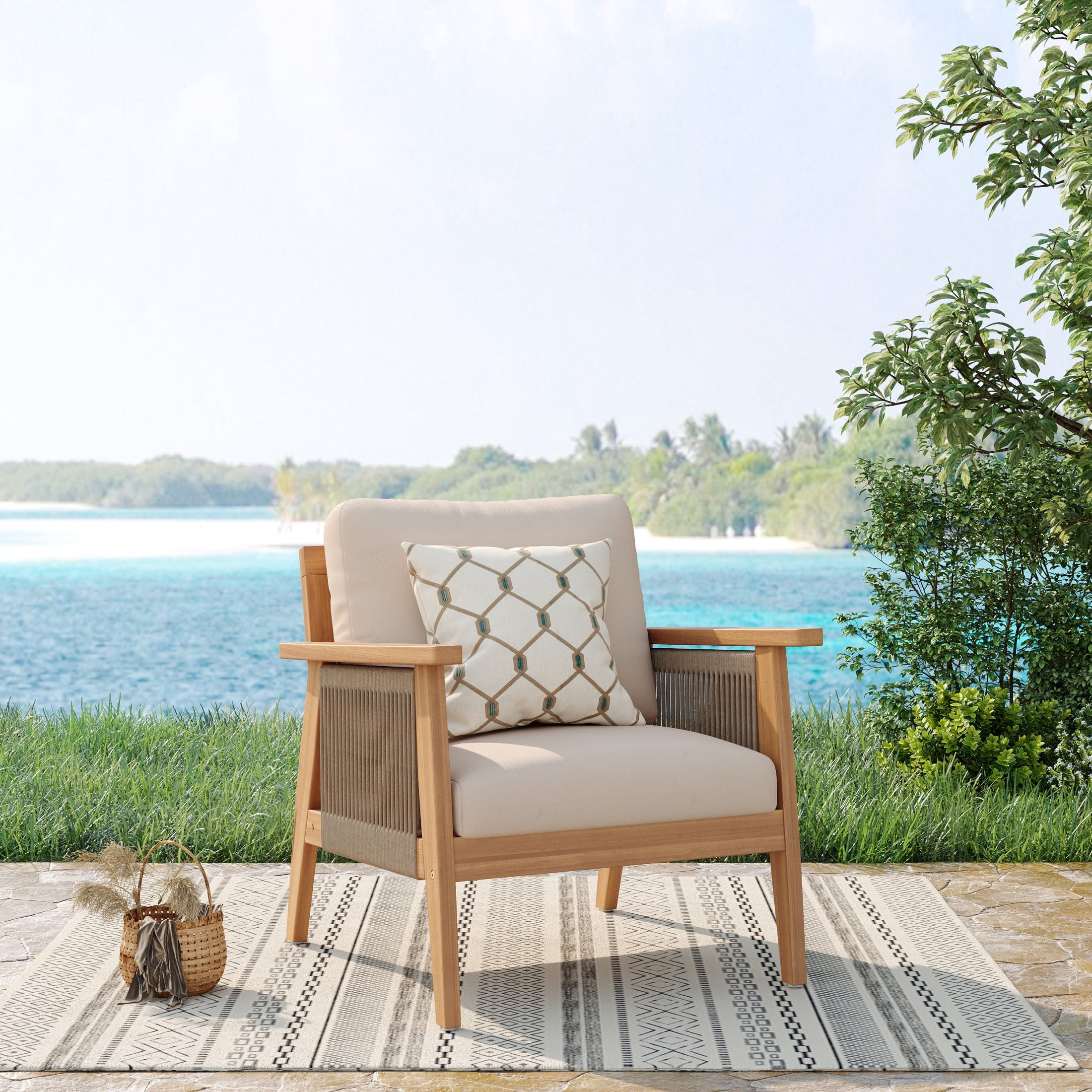 Christopher Knight Home Coastal Outdoor Lounge Chair, Rope Weave Design, Solid Wood Frame, Beige Cushion
