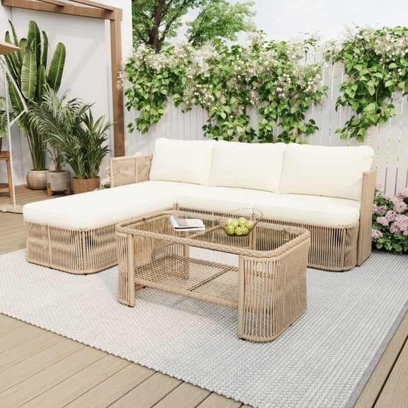 Christopher Knight Home Coastal Outdoor Rattan Sectional Sofa with Table, Iron Frame, Beige Cushions
