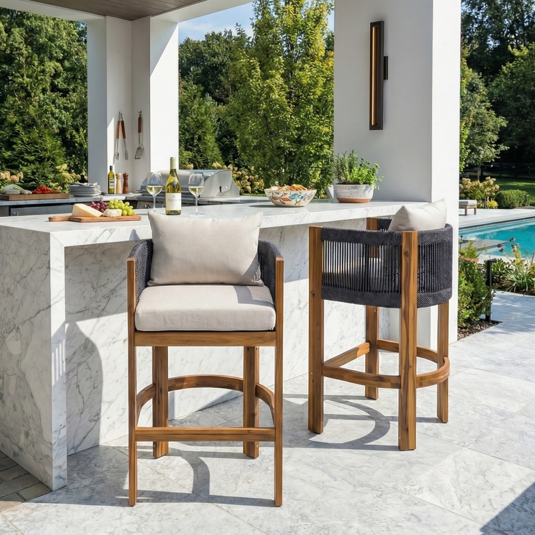 Christopher Knight Home Coastal Outdoor Woven Rope Barstools, Solid Wood Frames, Set of 2, Sand Cushions