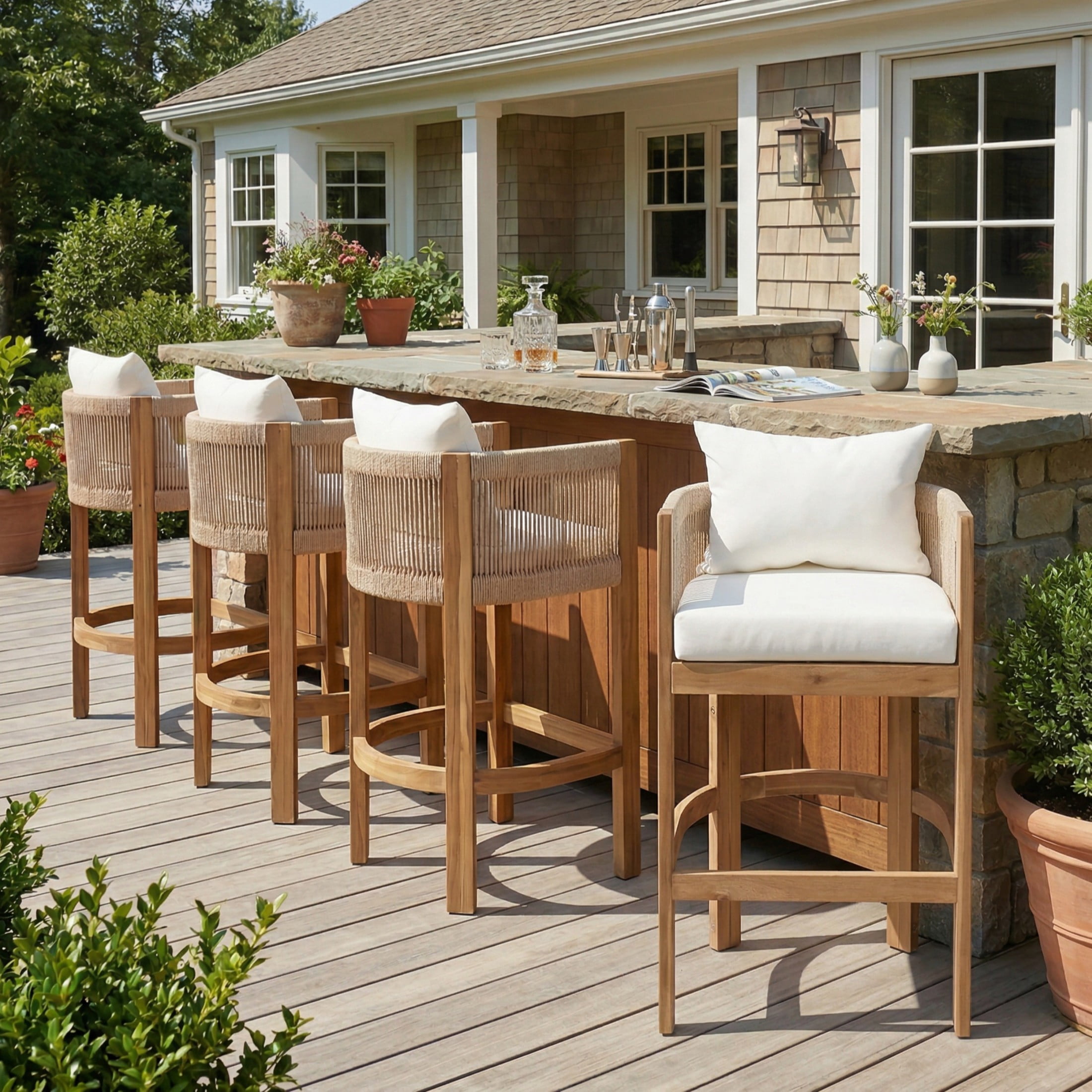 Christopher Knight Home Coastal Outdoor Woven Rope Barstools, Solid Wood Frames, Set of 4, Beige Cushions