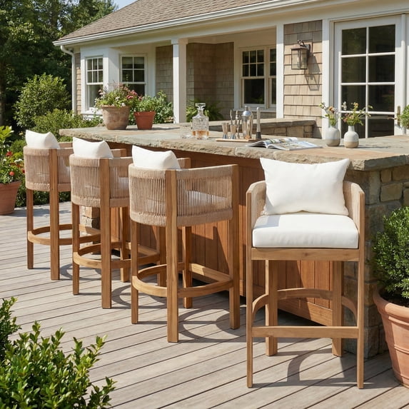 Christopher Knight Home Coastal Outdoor Woven Rope Barstools, Solid Wood Frames, Set of 4, Beige Cushions