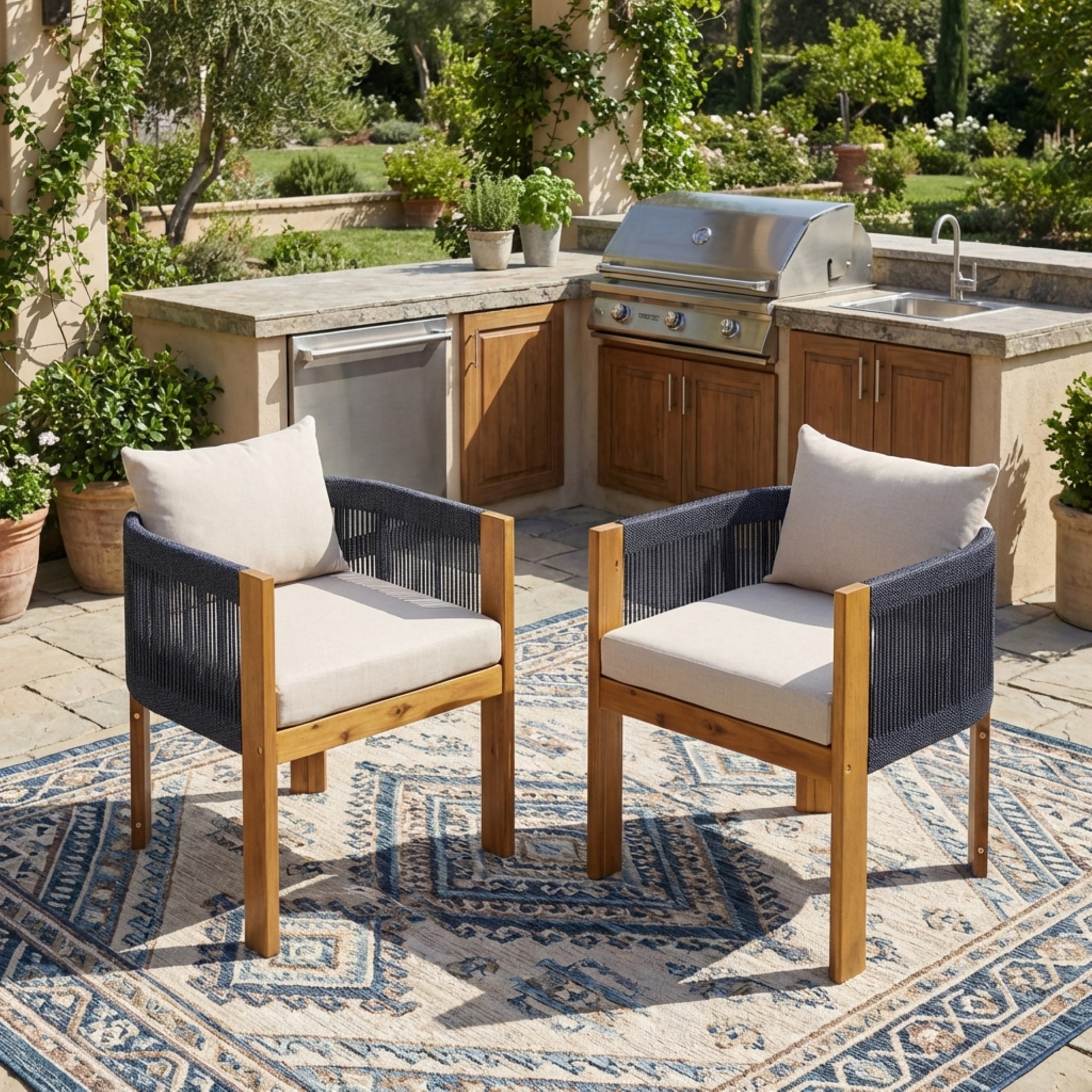 Christopher Knight Home Coastal Outdoor Woven Rope Outdoor Lounge Chairs, Solid Wood Frames, Set of 2, Sand Cushions