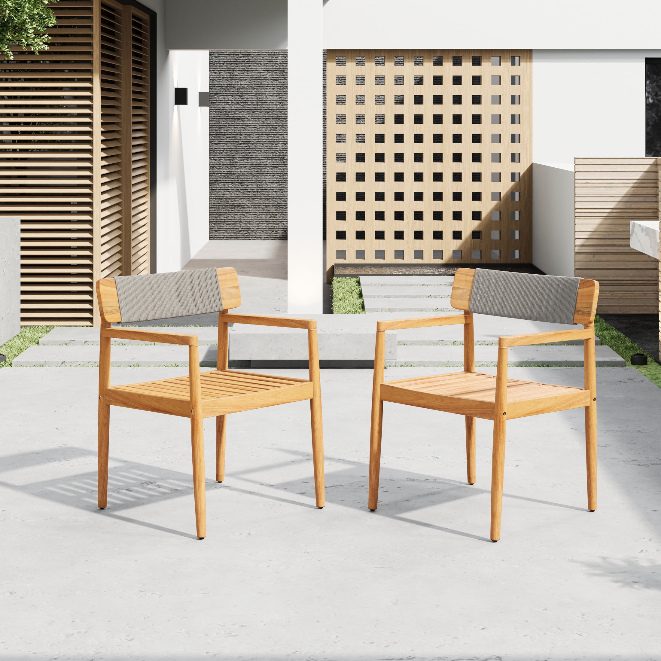 Christopher Knight Home Coastal Wood Outdoor Dining Chair with Rope Weave Backrest, Grey, Set of 2