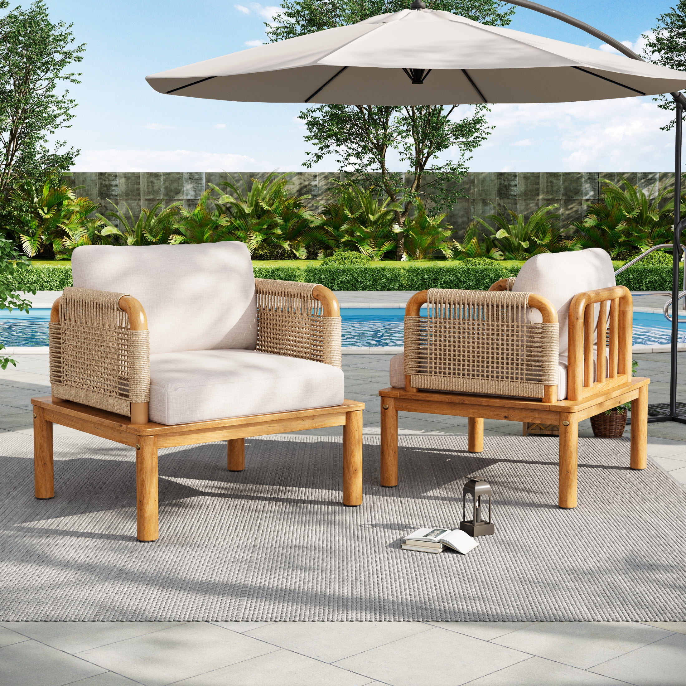 Christopher Knight Home Coastal Woven Rope Lounge Chair with Cushions, Solid Wood Frame, Beige, Set of 2