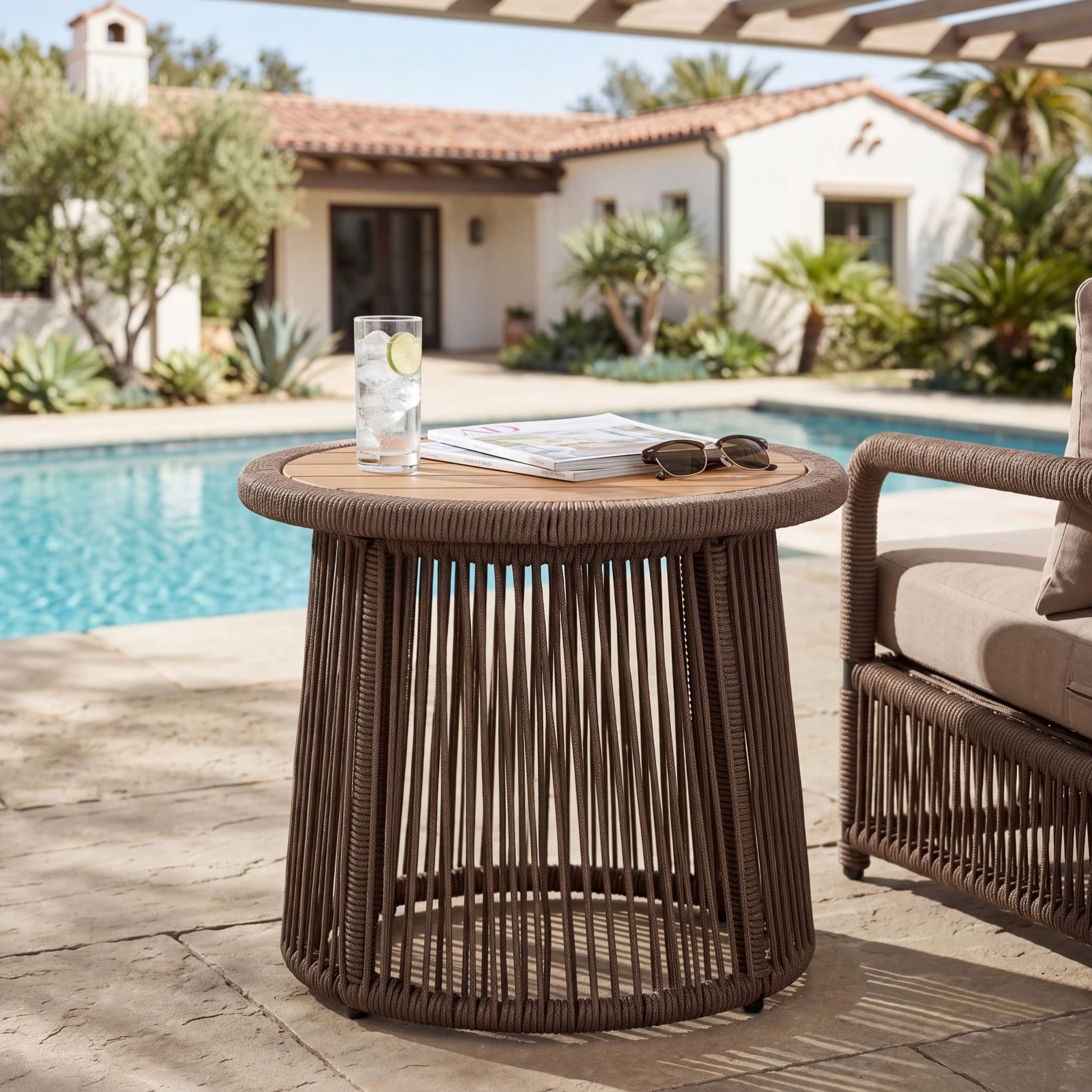 Christopher Knight Home Conical Round Wood Side Table with Rope Frame, Weather-Resistant, Dark Beige