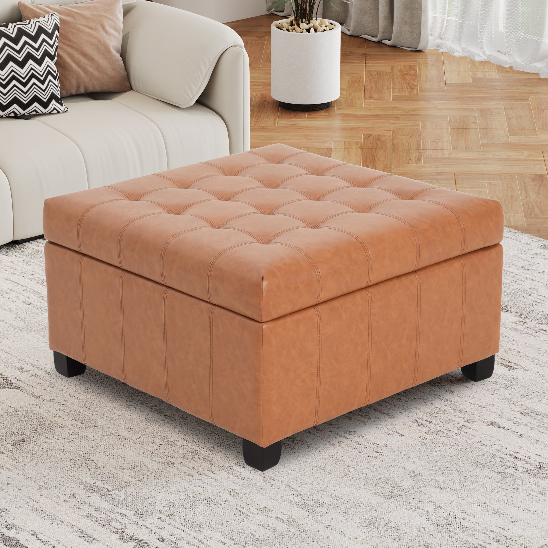 Christopher Knight Home Contemporary 31” Tufted PU Storage Ottoman, Waffle Stitch, Light Brown